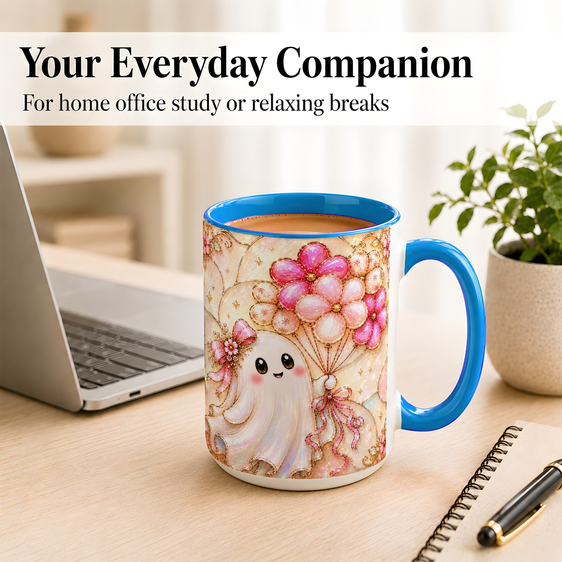 #pl[15oz|Blue] Ghost Balloon Coffee Mug, Pink Floral Ghost Mug, Ceramic Cup