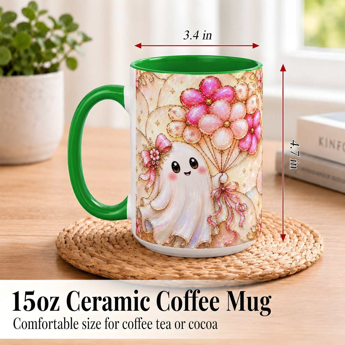 #pl[15oz|Green] Ghost Balloon Coffee Mug, Pink Floral Ghost Mug, Ceramic Cup