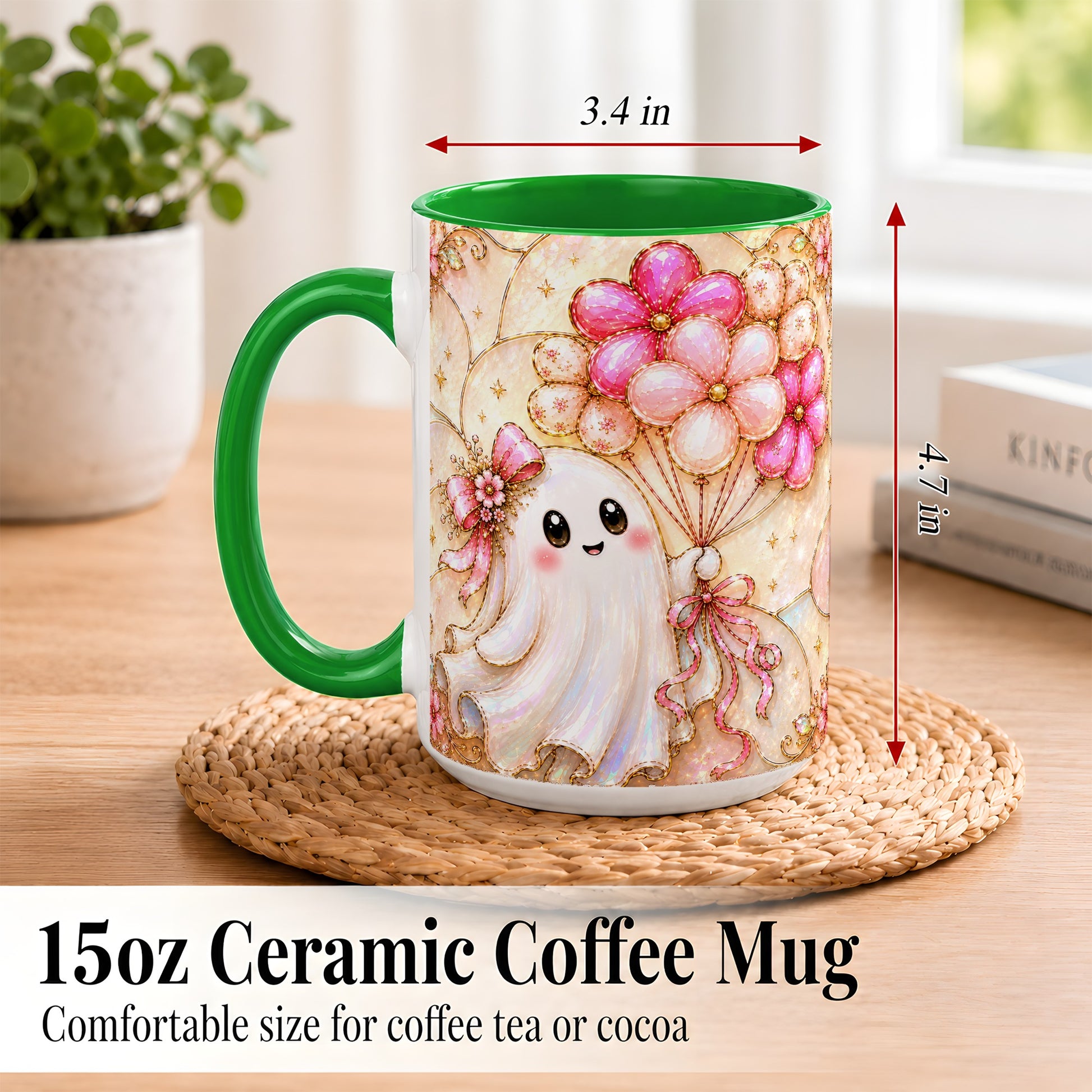 #pl[15oz|Green] Ghost Balloon Coffee Mug, Pink Floral Ghost Mug, Ceramic Cup