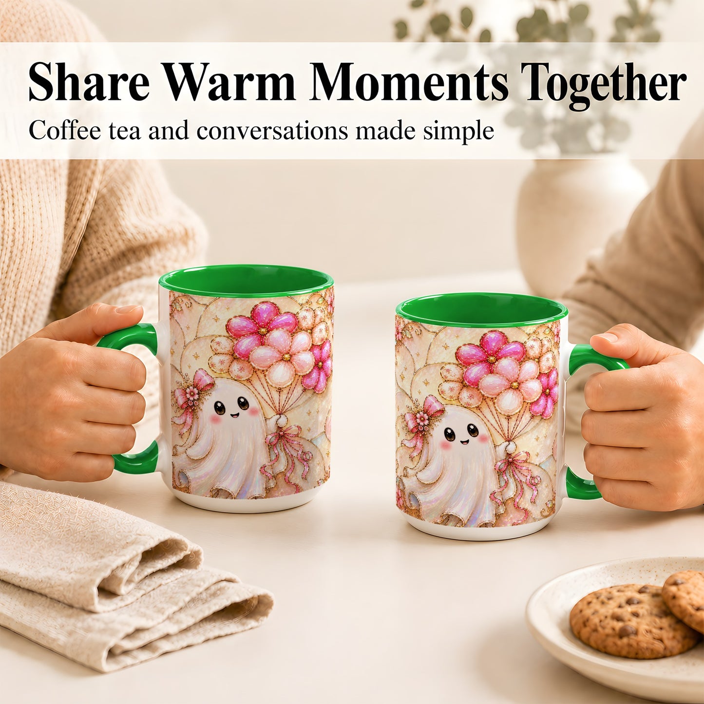 #pl[15oz|Green] Ghost Balloon Coffee Mug, Pink Floral Ghost Mug, Ceramic Cup