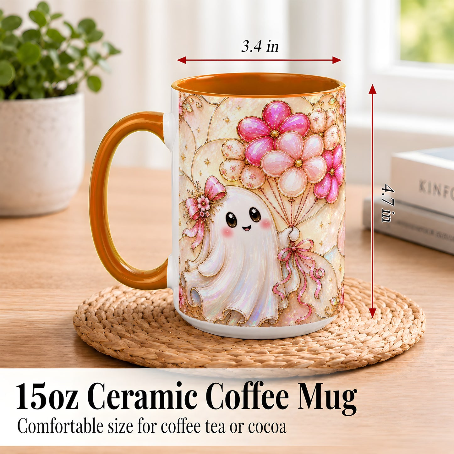 #pl[15oz|Orange] Ghost Balloon Coffee Mug, Pink Floral Ghost Mug, Ceramic Cup