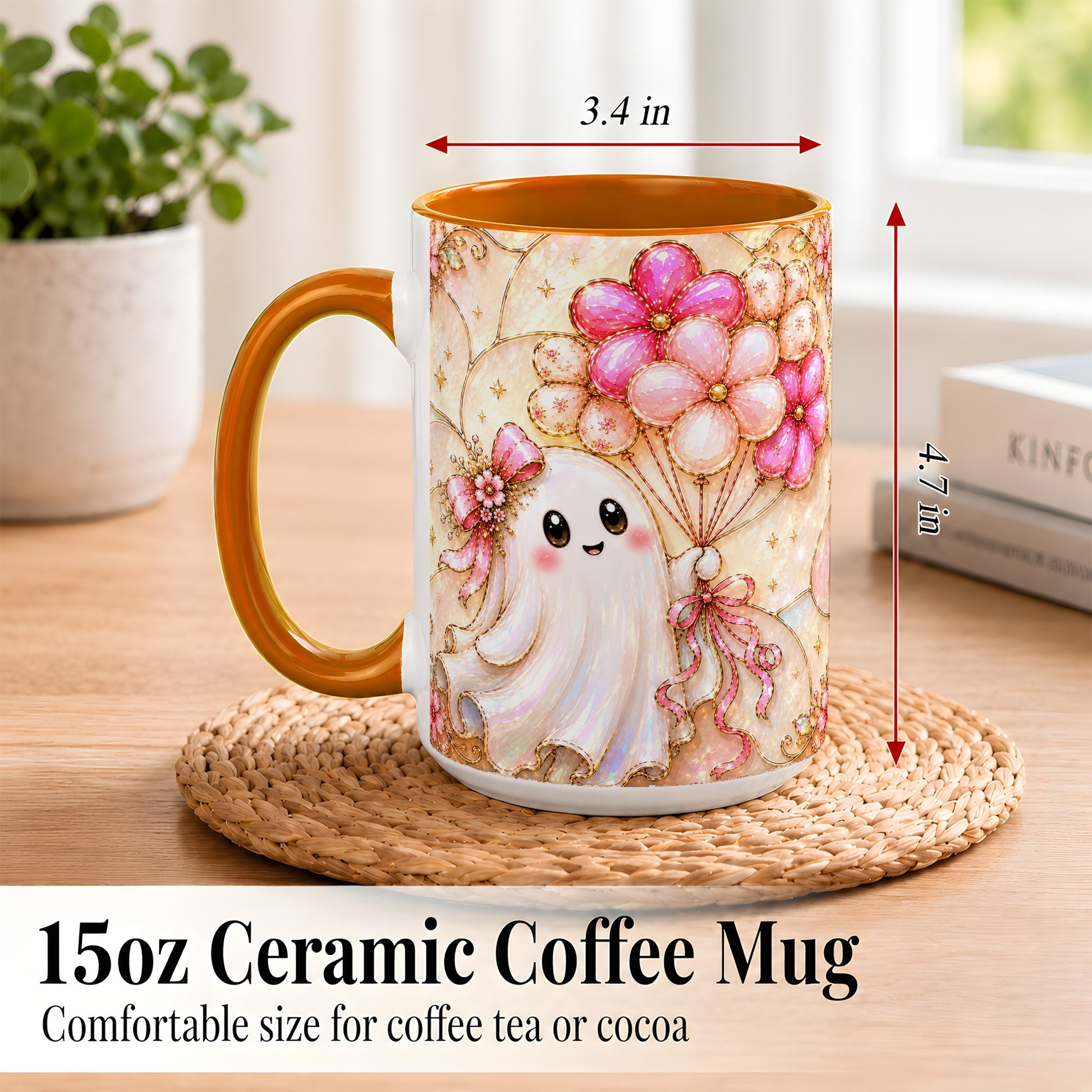 #pl[15oz|Orange] Ghost Balloon Coffee Mug, Pink Floral Ghost Mug, Ceramic Cup