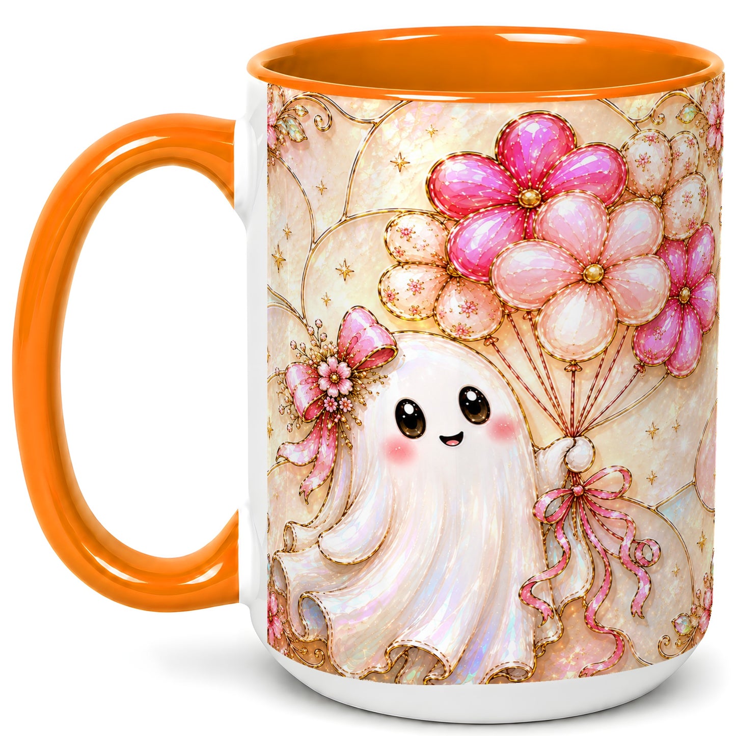 #pl[15oz|Orange] Ghost Balloon Coffee Mug, Pink Floral Ghost Mug, Ceramic Cup