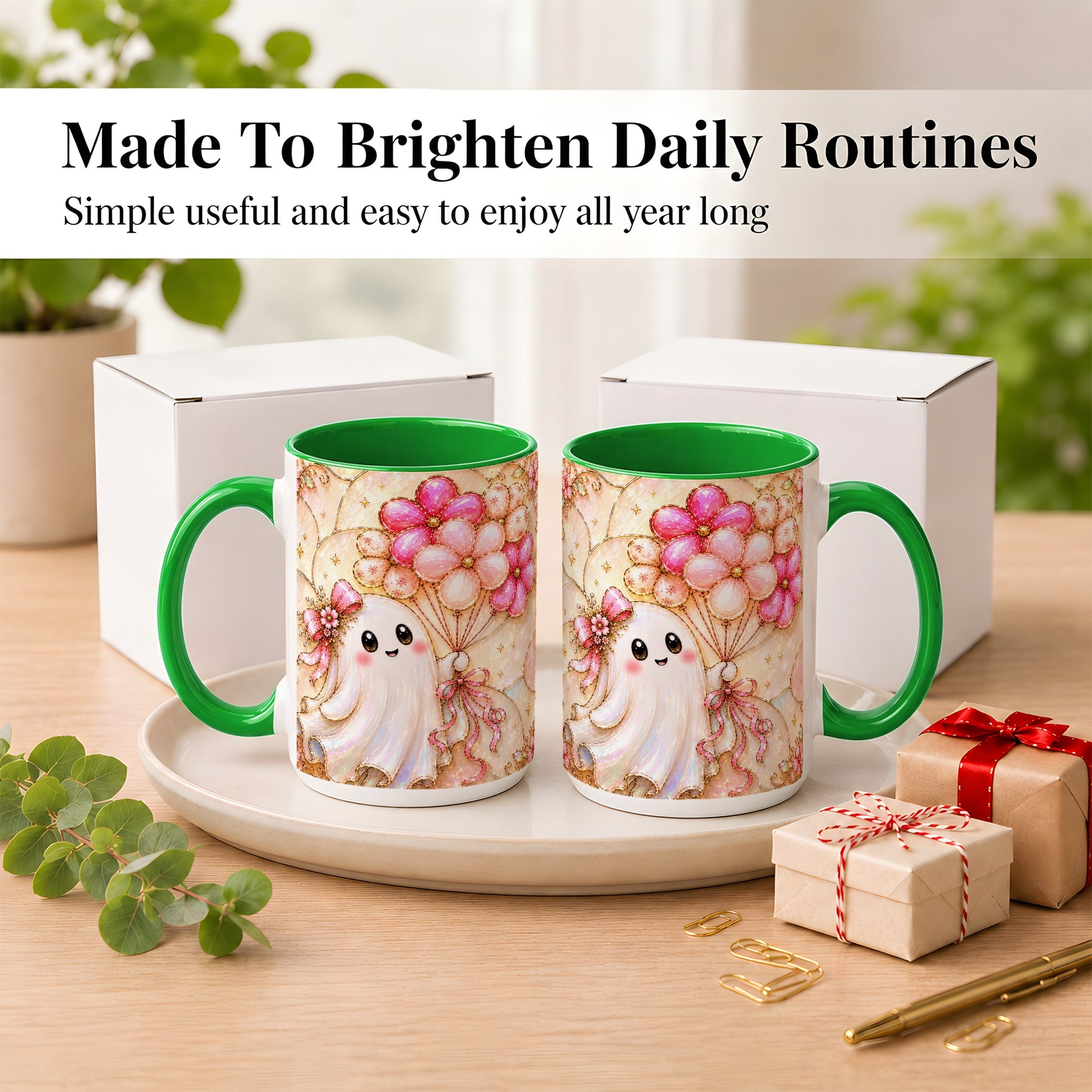 #pl[15oz|Green] Ghost Balloon Coffee Mug, Pink Floral Ghost Mug, Ceramic Cup