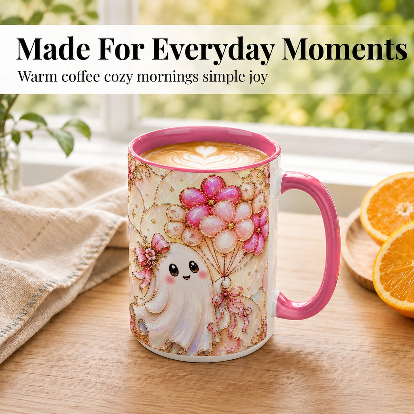 #pl[15oz|Pink] Ghost Balloon Coffee Mug, Pink Floral Ghost Mug, Ceramic Cup