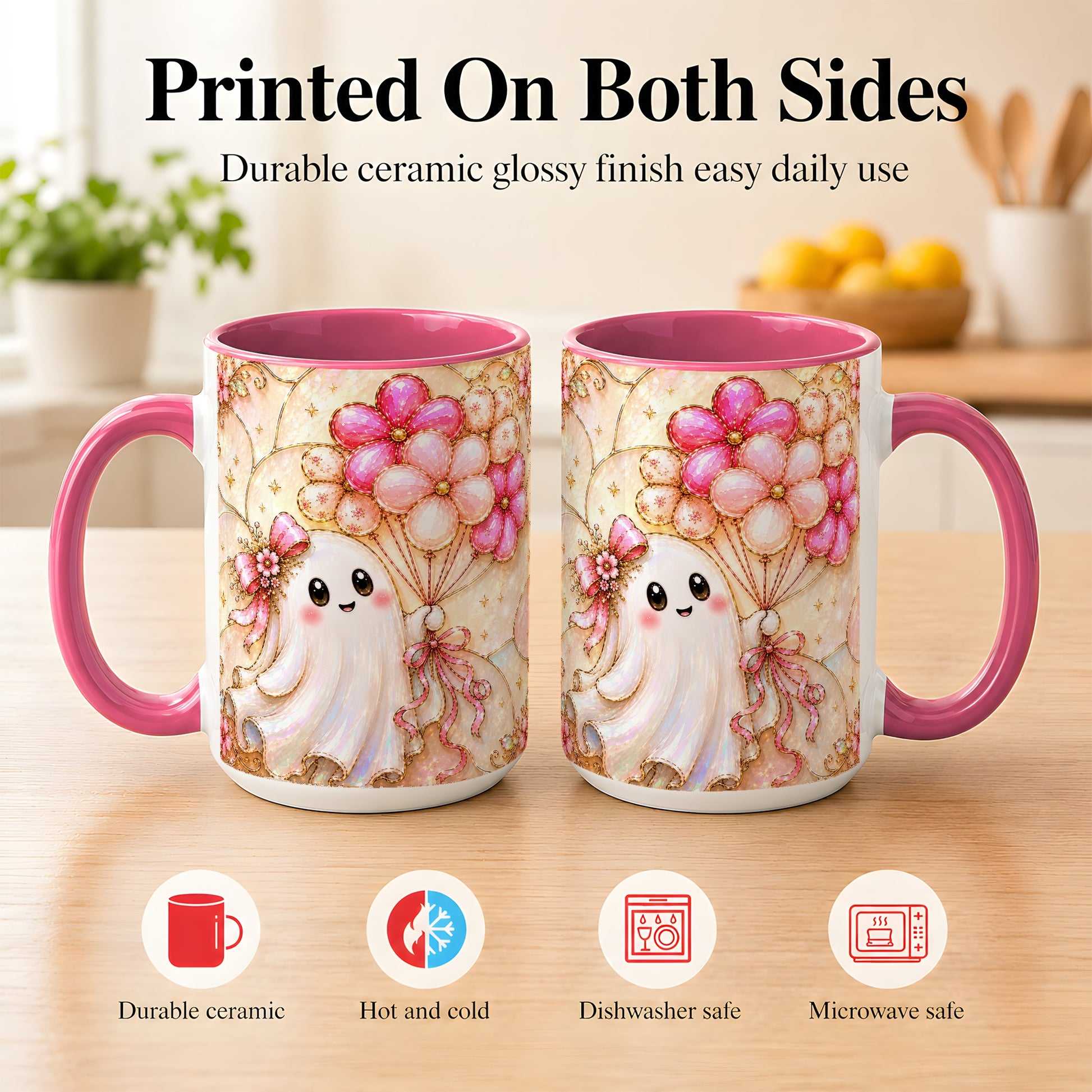#pl[15oz|Pink] Ghost Balloon Coffee Mug, Pink Floral Ghost Mug, Ceramic Cup