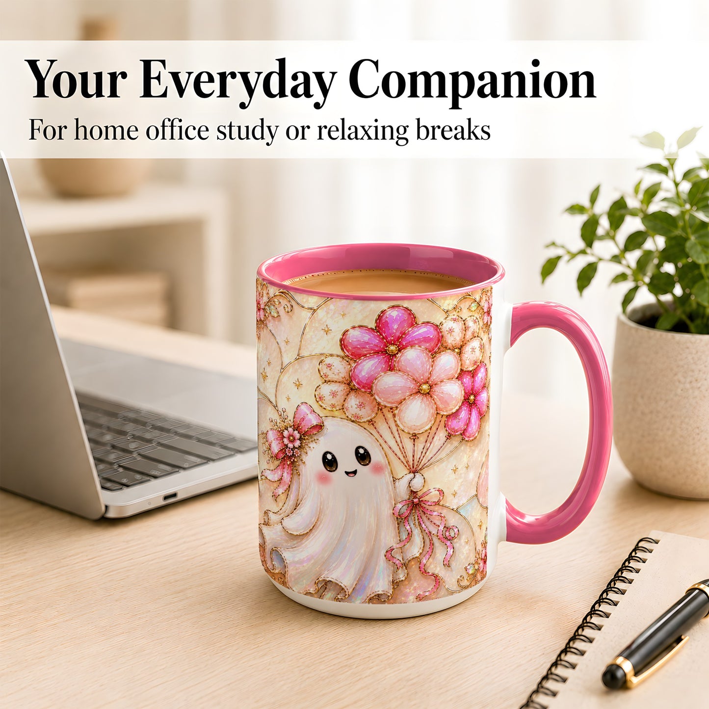 #pl[15oz|Pink] Ghost Balloon Coffee Mug, Pink Floral Ghost Mug, Ceramic Cup