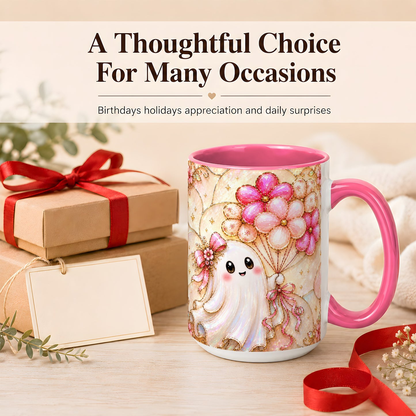 #pl[15oz|Pink] Ghost Balloon Coffee Mug, Pink Floral Ghost Mug, Ceramic Cup