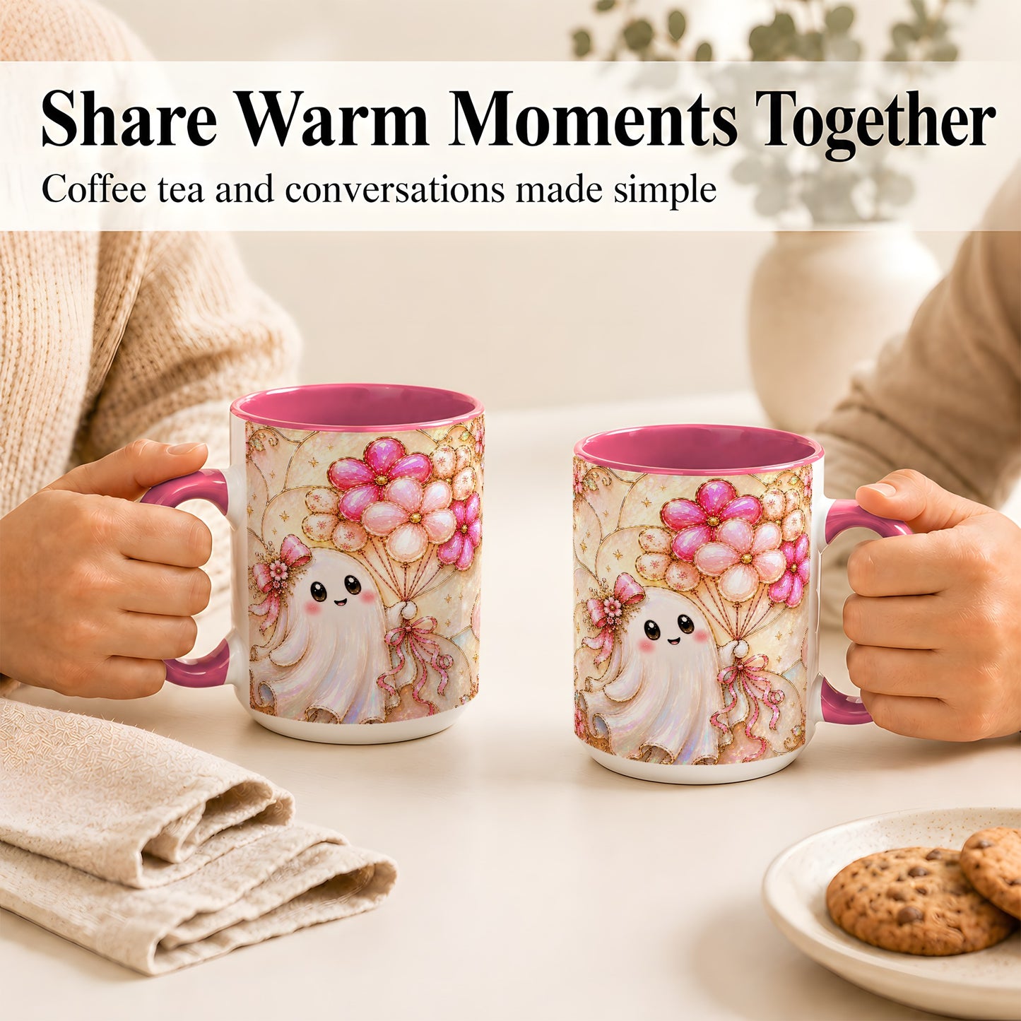 #pl[15oz|Pink] Ghost Balloon Coffee Mug, Pink Floral Ghost Mug, Ceramic Cup