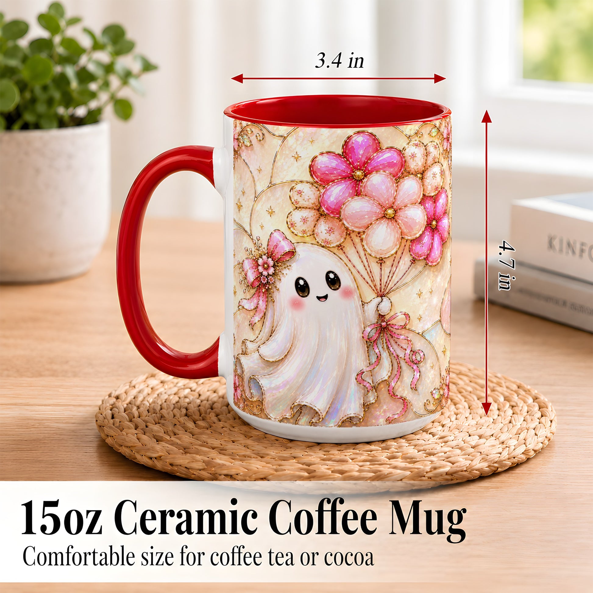 #pl[15oz|Red] Ghost Balloon Coffee Mug, Pink Floral Ghost Mug, Ceramic Cup
