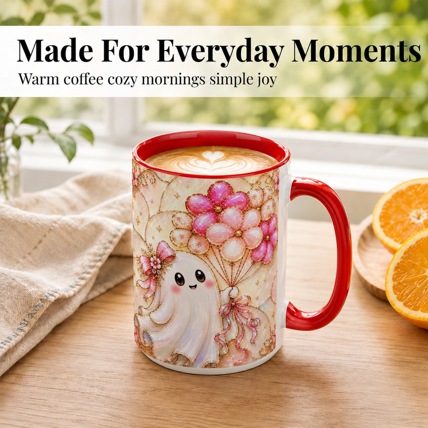 #pl[15oz|Red] Ghost Balloon Coffee Mug, Pink Floral Ghost Mug, Ceramic Cup