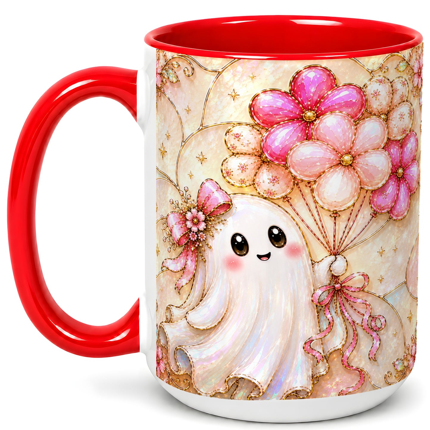 #pl[15oz|Red] Ghost Balloon Coffee Mug, Pink Floral Ghost Mug, Ceramic Cup