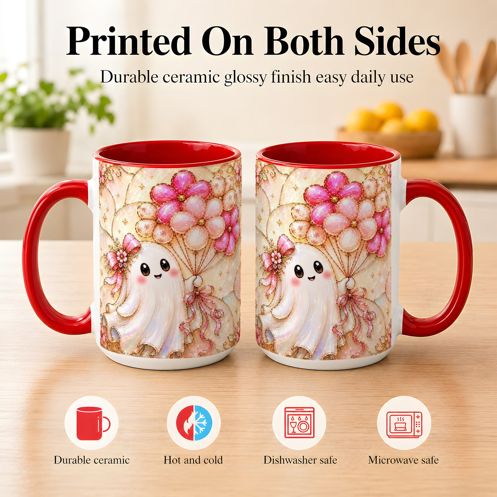 #pl[15oz|Red] Ghost Balloon Coffee Mug, Pink Floral Ghost Mug, Ceramic Cup