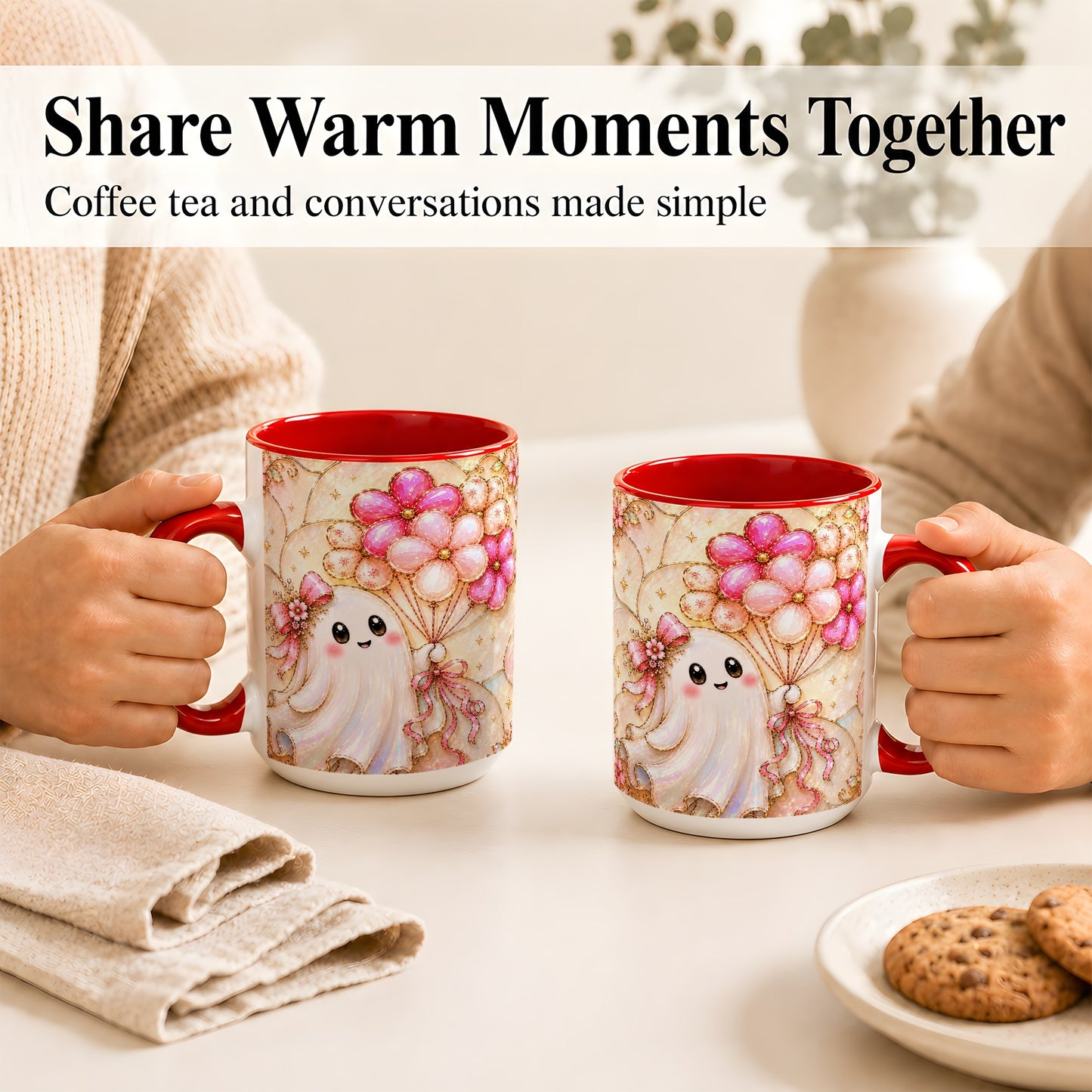 #pl[15oz|Red] Ghost Balloon Coffee Mug, Pink Floral Ghost Mug, Ceramic Cup