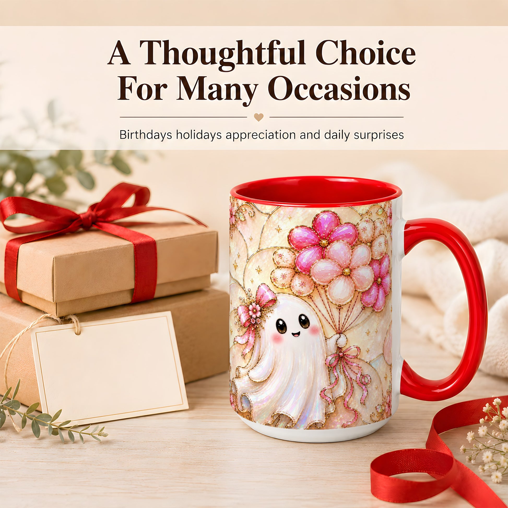 #pl[15oz|Red] Ghost Balloon Coffee Mug, Pink Floral Ghost Mug, Ceramic Cup
