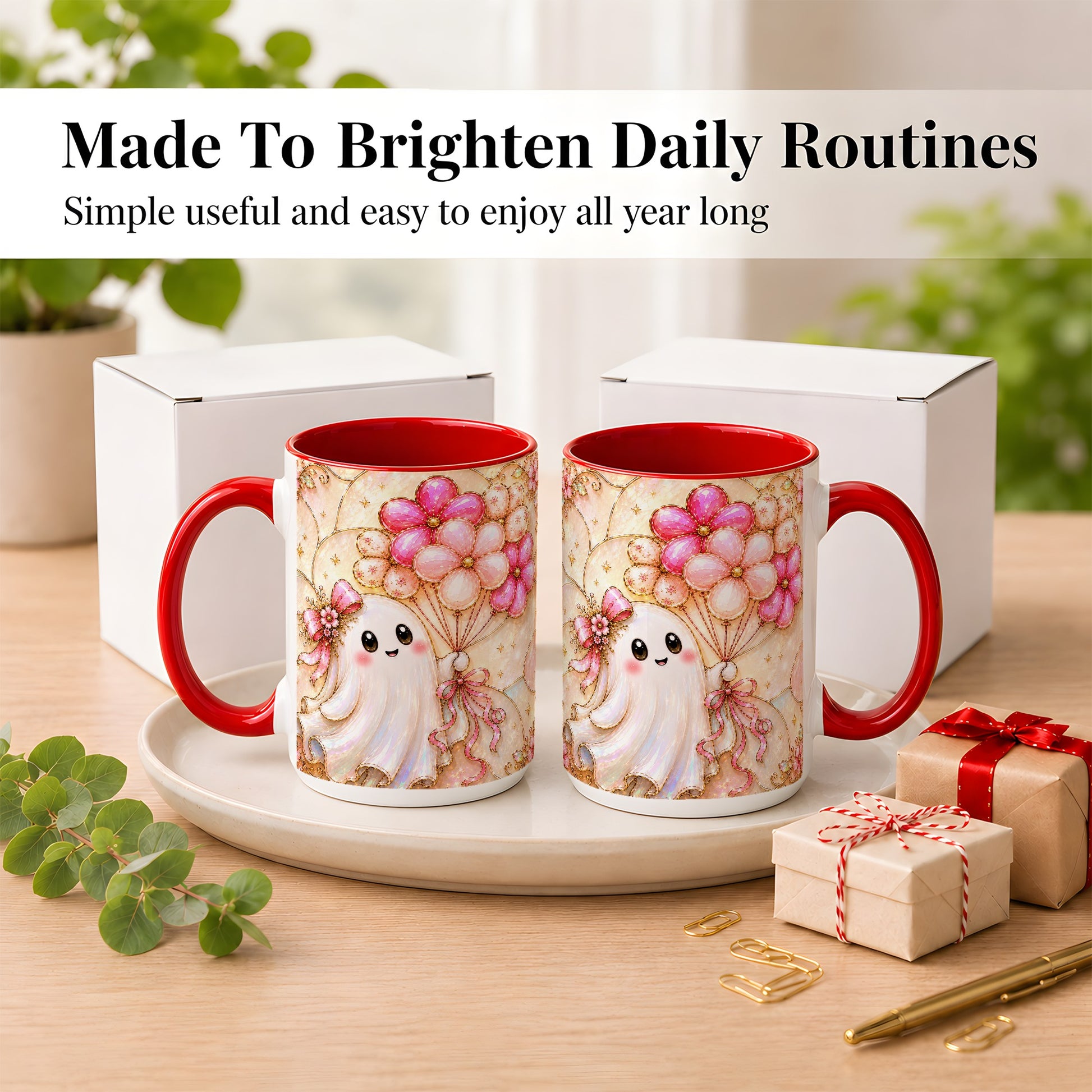 #pl[15oz|Red] Ghost Balloon Coffee Mug, Pink Floral Ghost Mug, Ceramic Cup