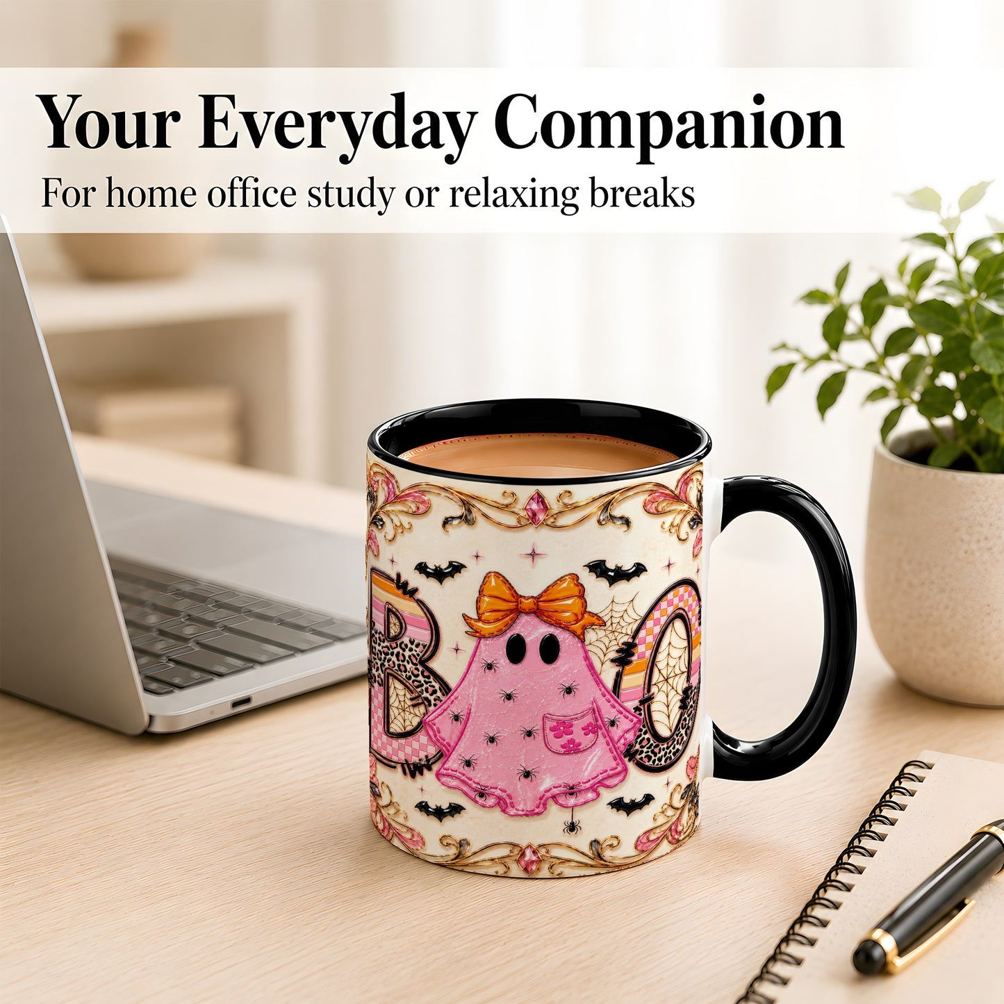 #pl[11oz|Black] Pink Ghost Halloween Coffee Mug, Bow Ghost Mug, Ceramic Cup