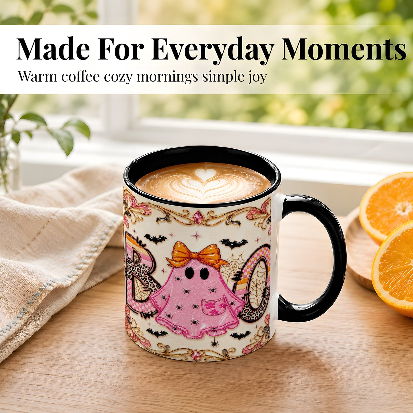 #pl[11oz|Black] Pink Ghost Halloween Coffee Mug, Bow Ghost Mug, Ceramic Cup
