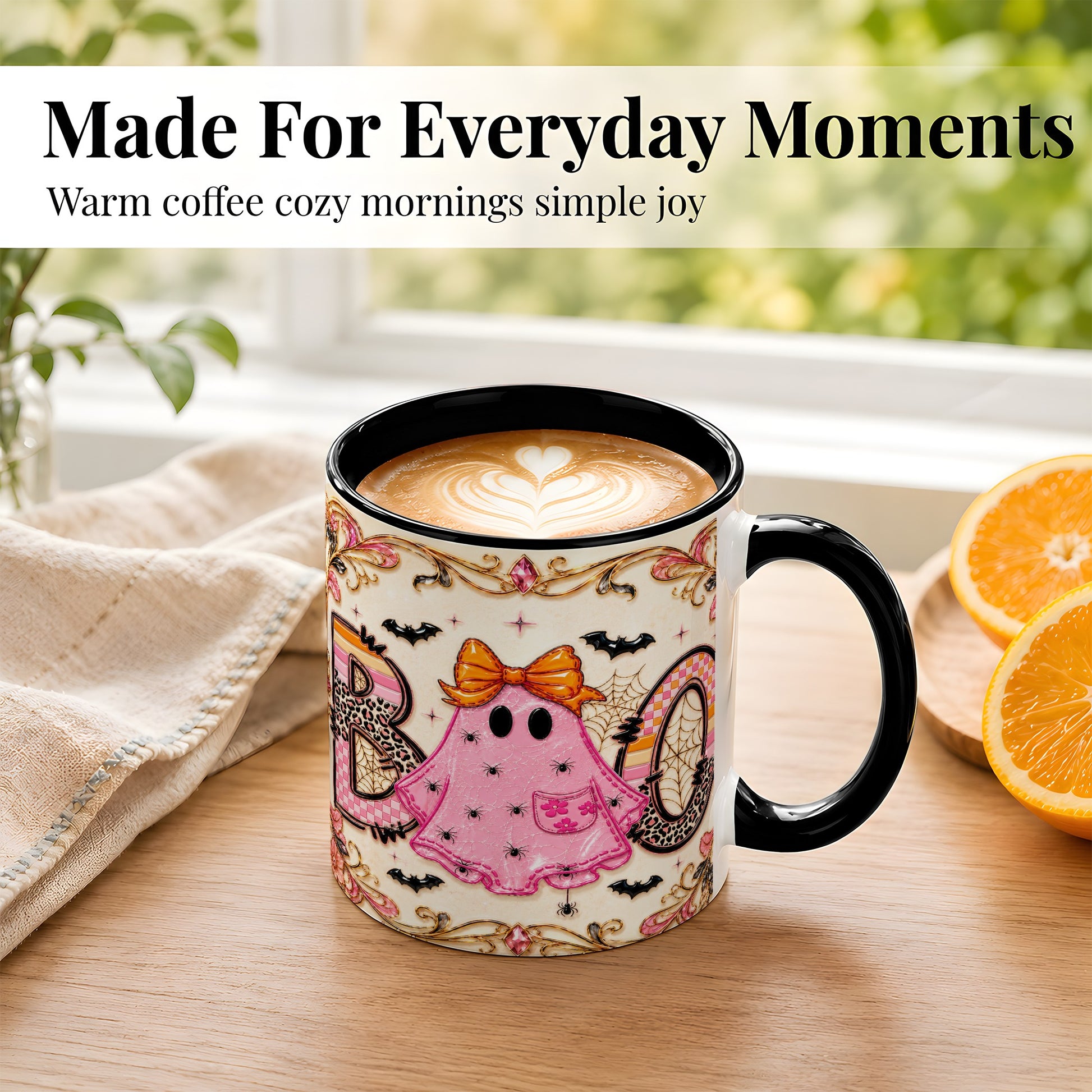 #pl[11oz|Black] Pink Ghost Halloween Coffee Mug, Bow Ghost Mug, Ceramic Cup