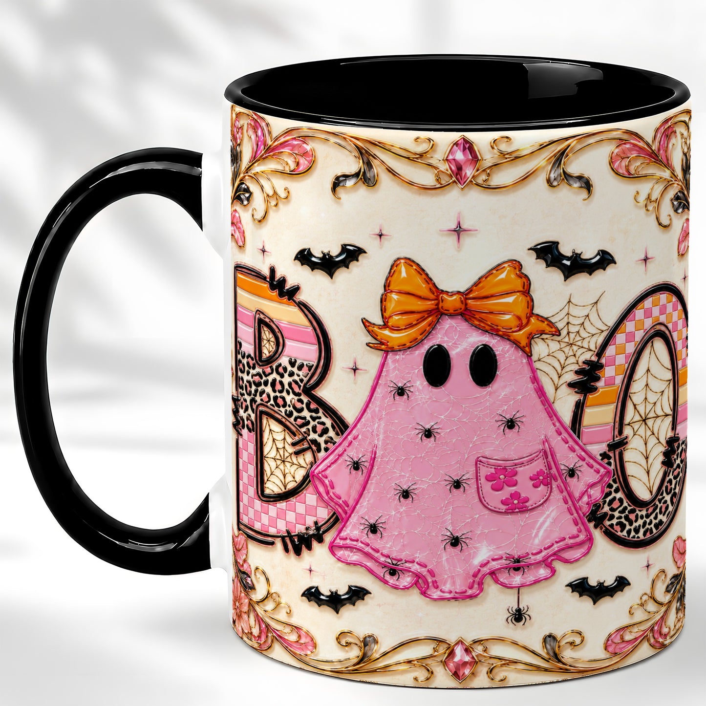 #pl[11oz|Black] Pink Ghost Halloween Coffee Mug, Bow Ghost Mug, Ceramic Cup