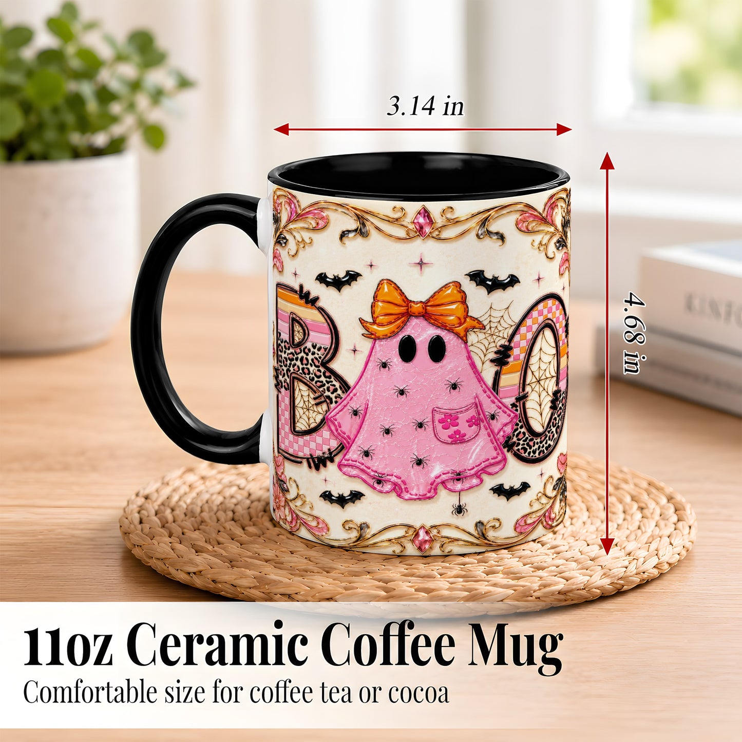#pl[11oz|Black] Pink Ghost Halloween Coffee Mug, Bow Ghost Mug, Ceramic Cup