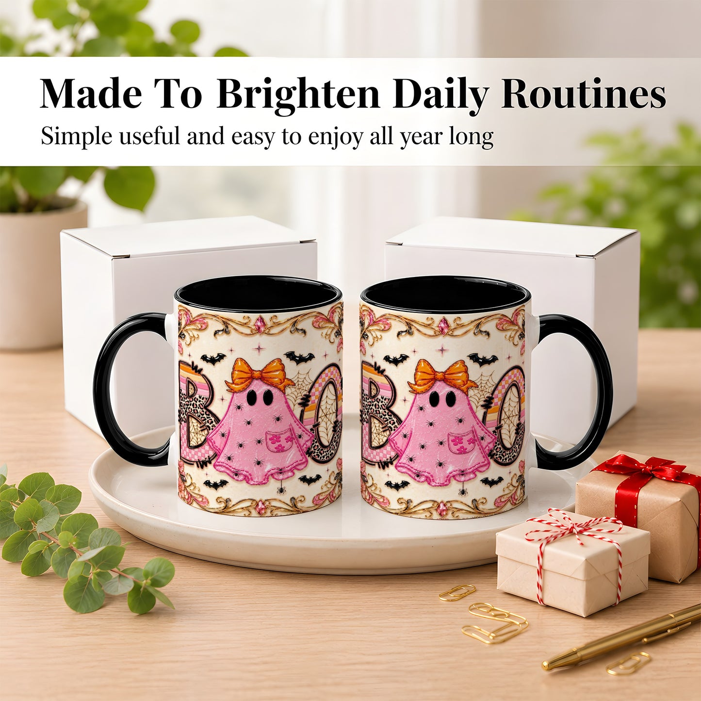 #pl[11oz|Black] Pink Ghost Halloween Coffee Mug, Bow Ghost Mug, Ceramic Cup
