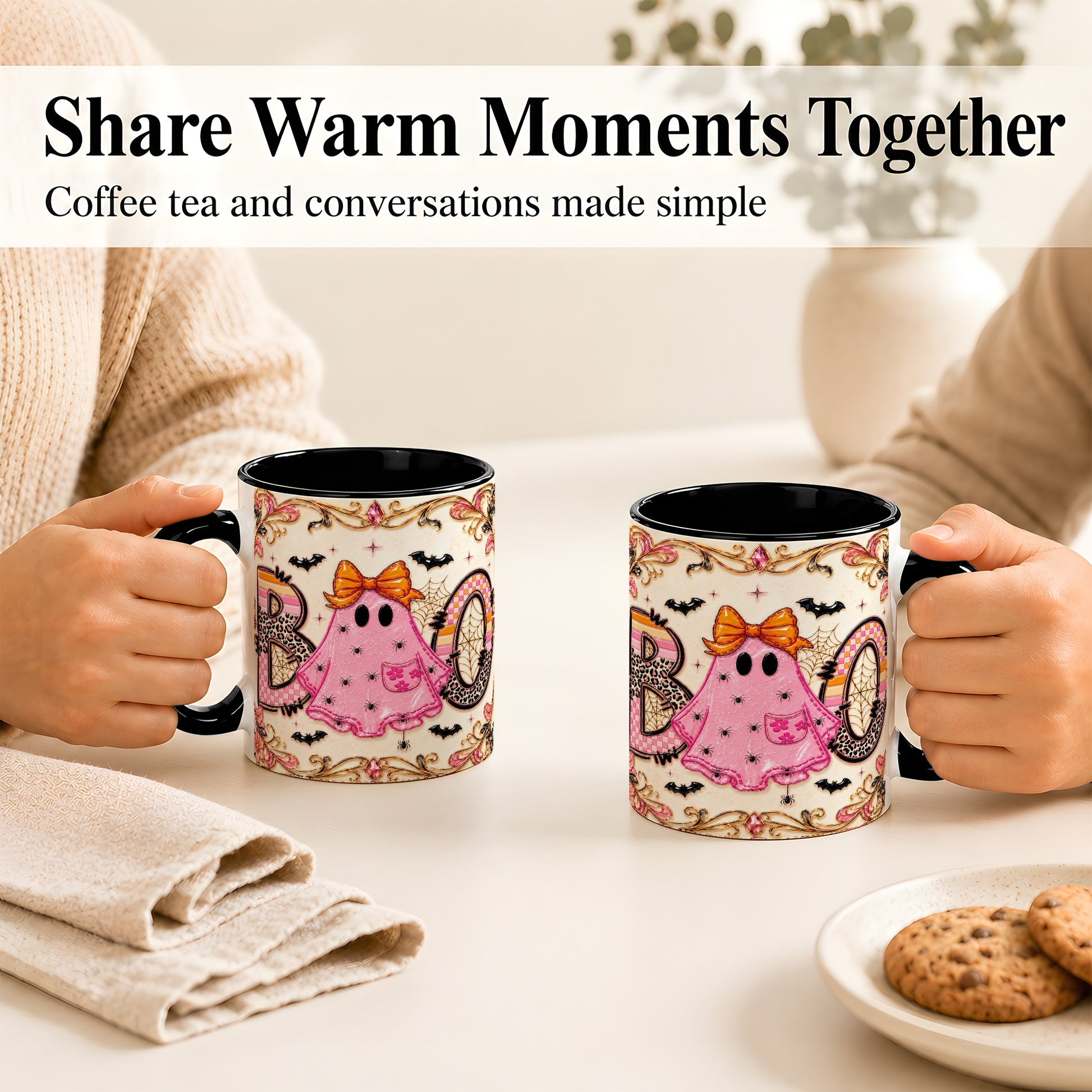 #pl[11oz|Black] Pink Ghost Halloween Coffee Mug, Bow Ghost Mug, Ceramic Cup
