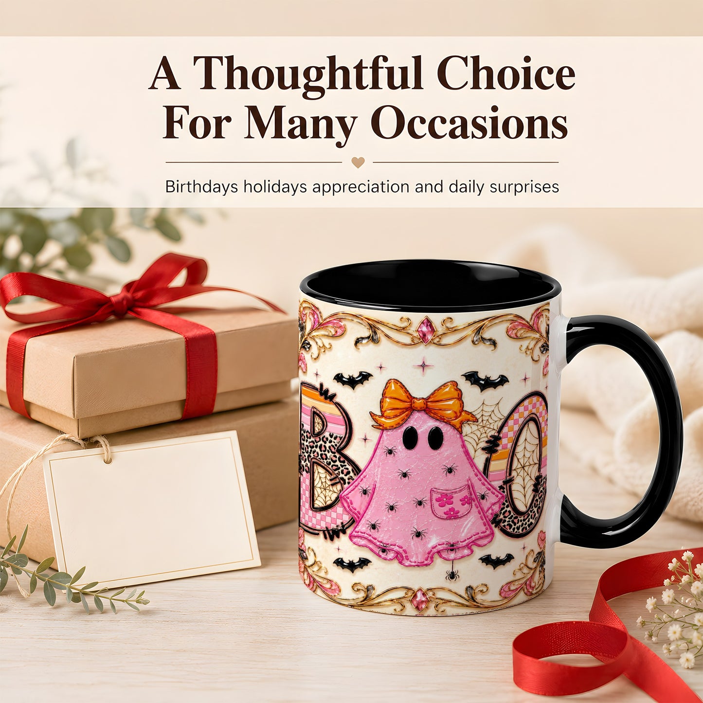 #pl[11oz|Black] Pink Ghost Halloween Coffee Mug, Bow Ghost Mug, Ceramic Cup