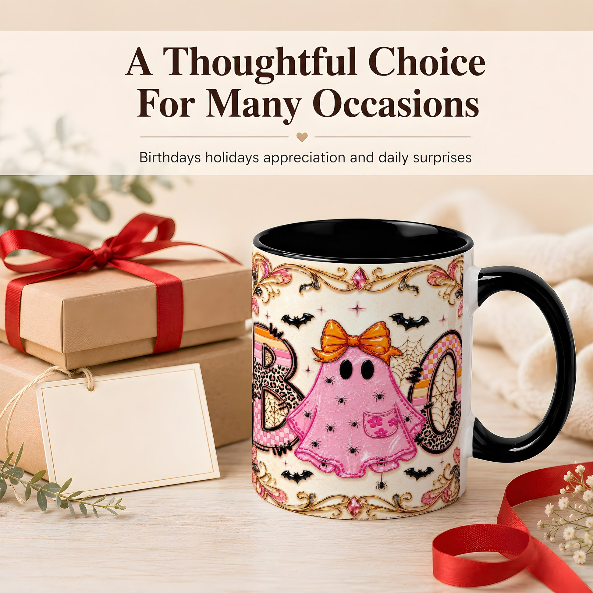 #pl[11oz|Black] Pink Ghost Halloween Coffee Mug, Bow Ghost Mug, Ceramic Cup
