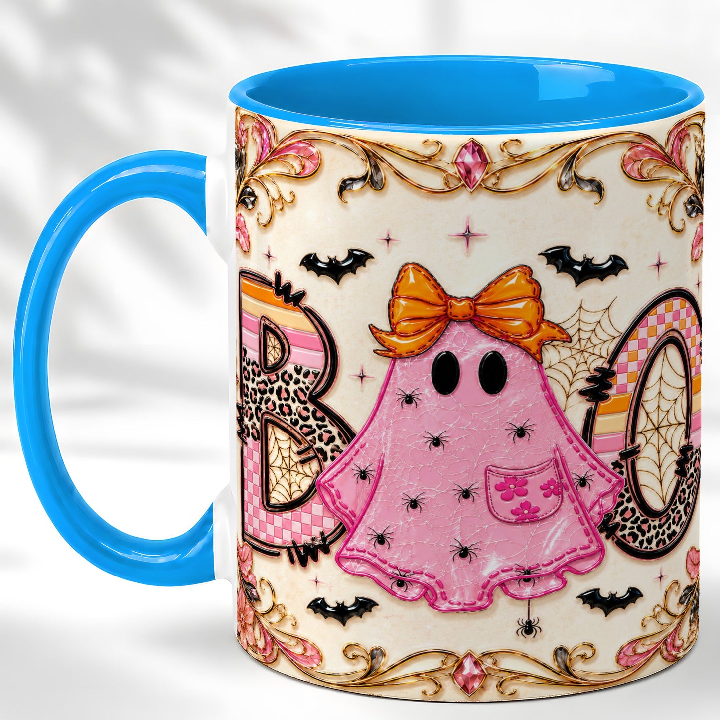 #pl[11oz|Blue] Pink Ghost Halloween Coffee Mug, Bow Ghost Mug, Ceramic Cup