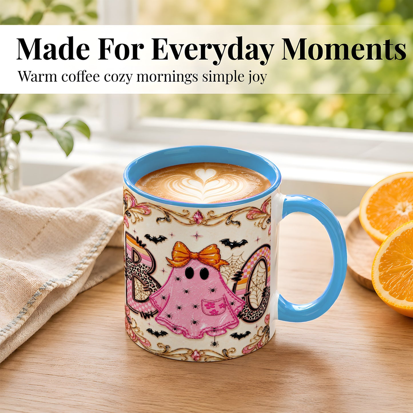 #pl[11oz|Blue] Pink Ghost Halloween Coffee Mug, Bow Ghost Mug, Ceramic Cup