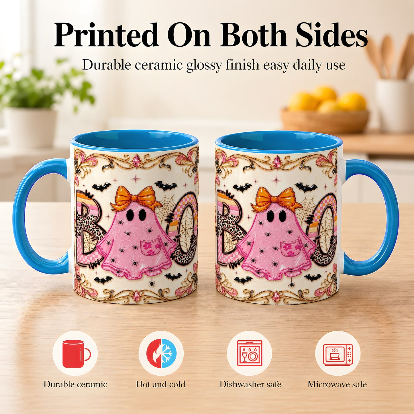 #pl[11oz|Blue] Pink Ghost Halloween Coffee Mug, Bow Ghost Mug, Ceramic Cup