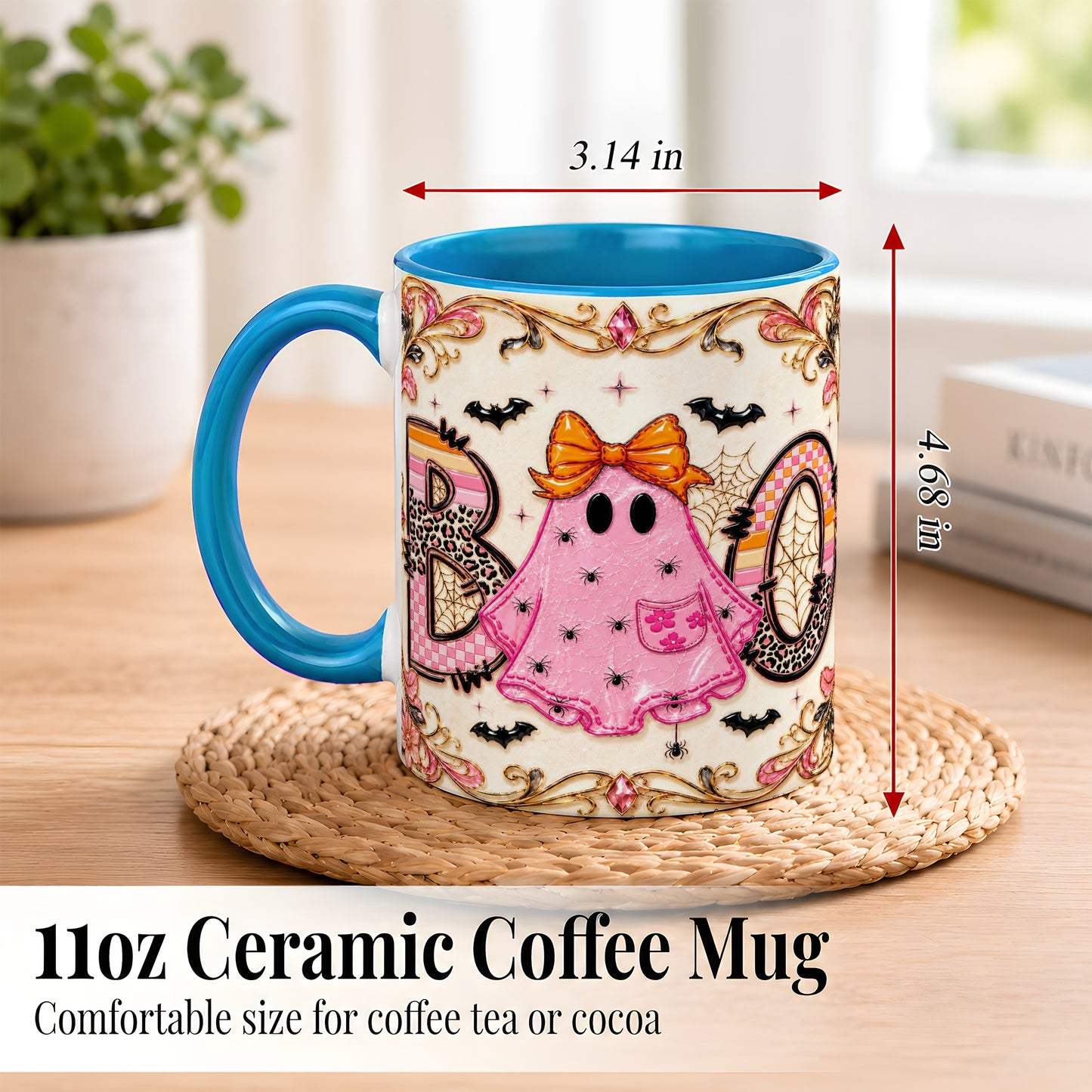 #pl[11oz|Blue] Pink Ghost Halloween Coffee Mug, Bow Ghost Mug, Ceramic Cup