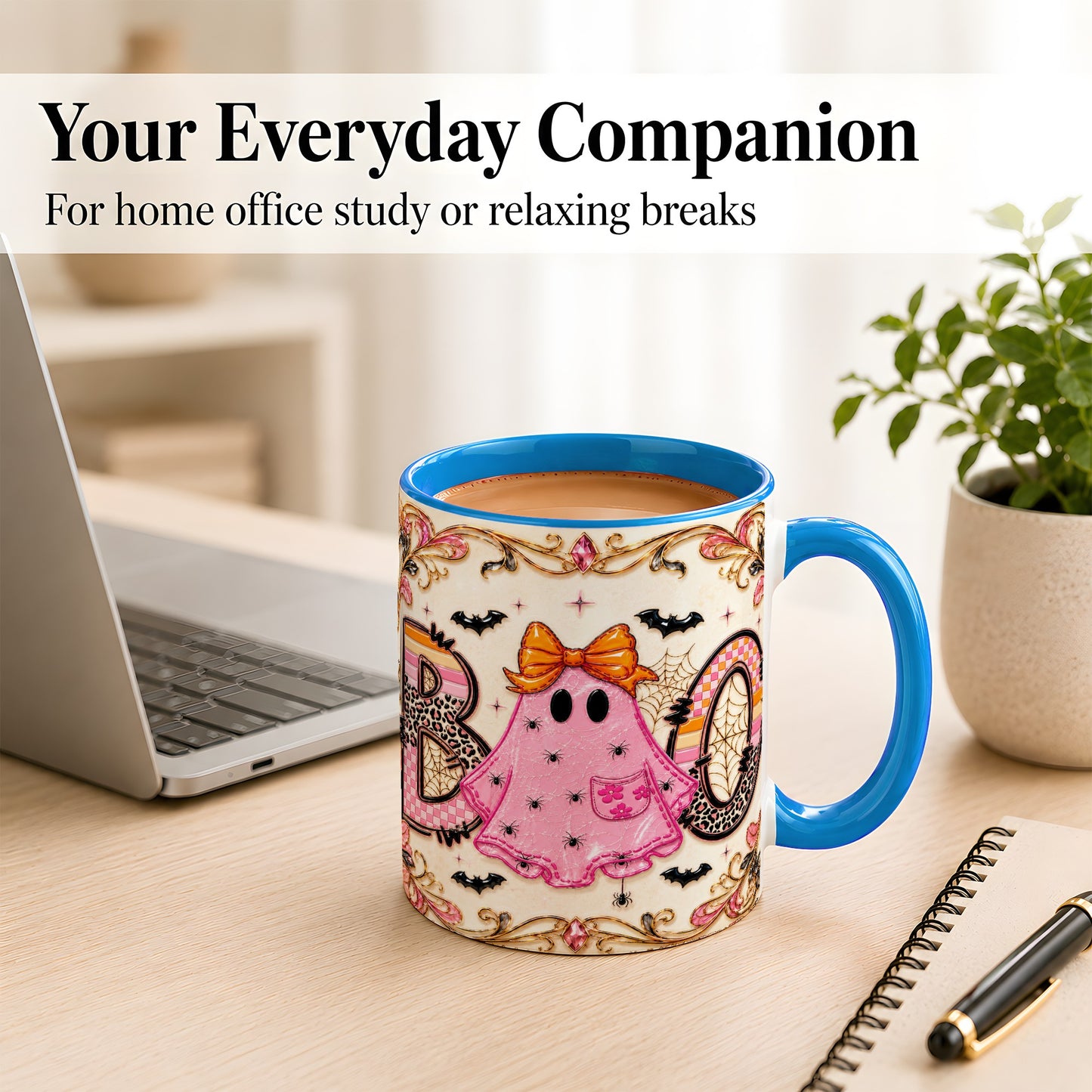#pl[11oz|Blue] Pink Ghost Halloween Coffee Mug, Bow Ghost Mug, Ceramic Cup