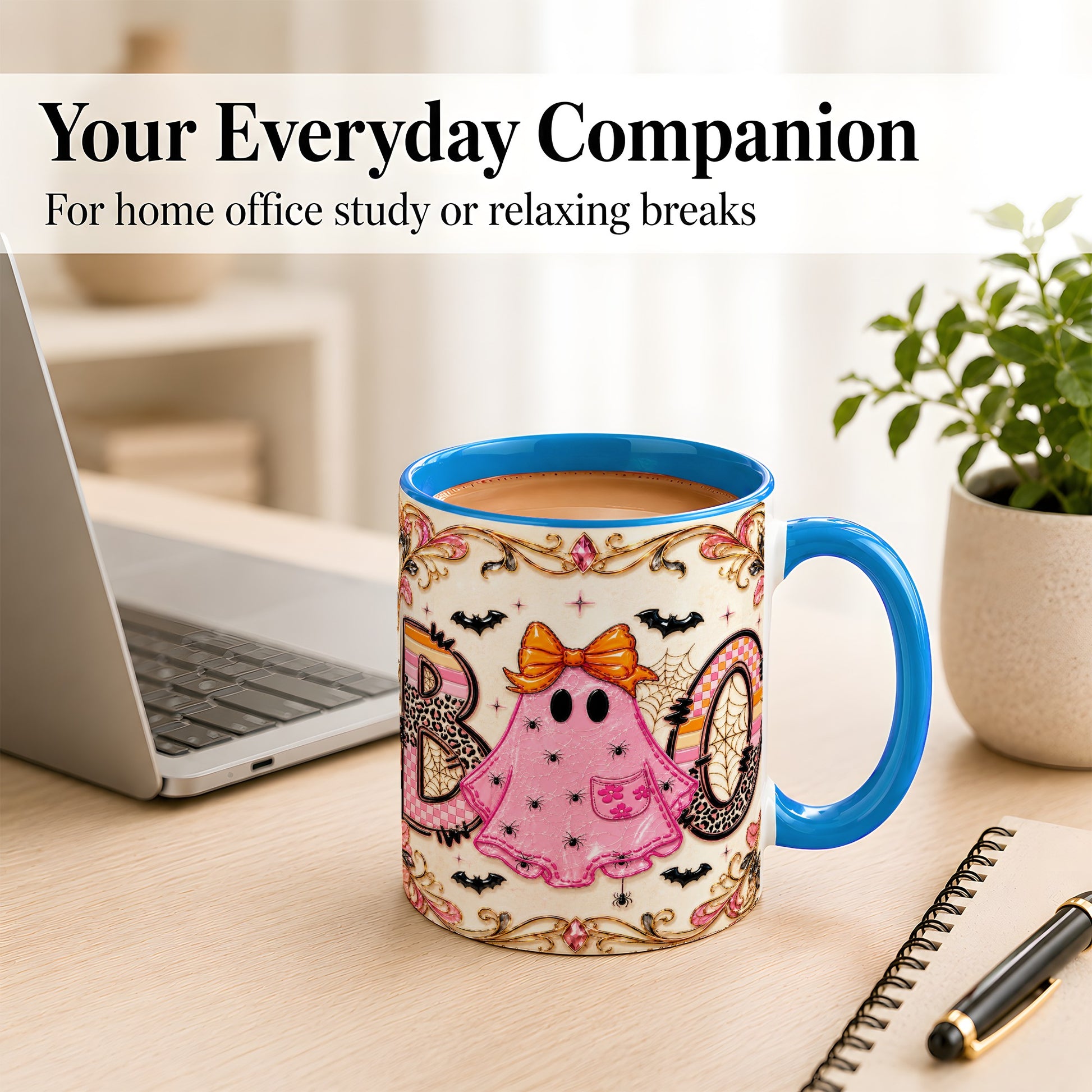 #pl[11oz|Blue] Pink Ghost Halloween Coffee Mug, Bow Ghost Mug, Ceramic Cup