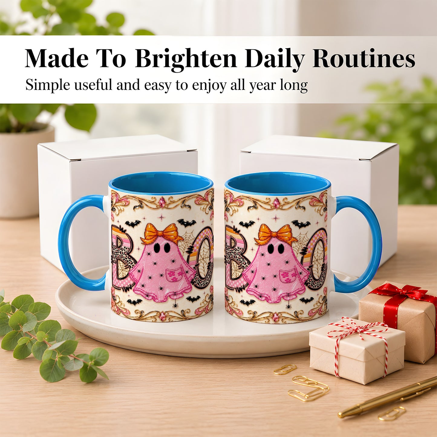 #pl[11oz|Blue] Pink Ghost Halloween Coffee Mug, Bow Ghost Mug, Ceramic Cup