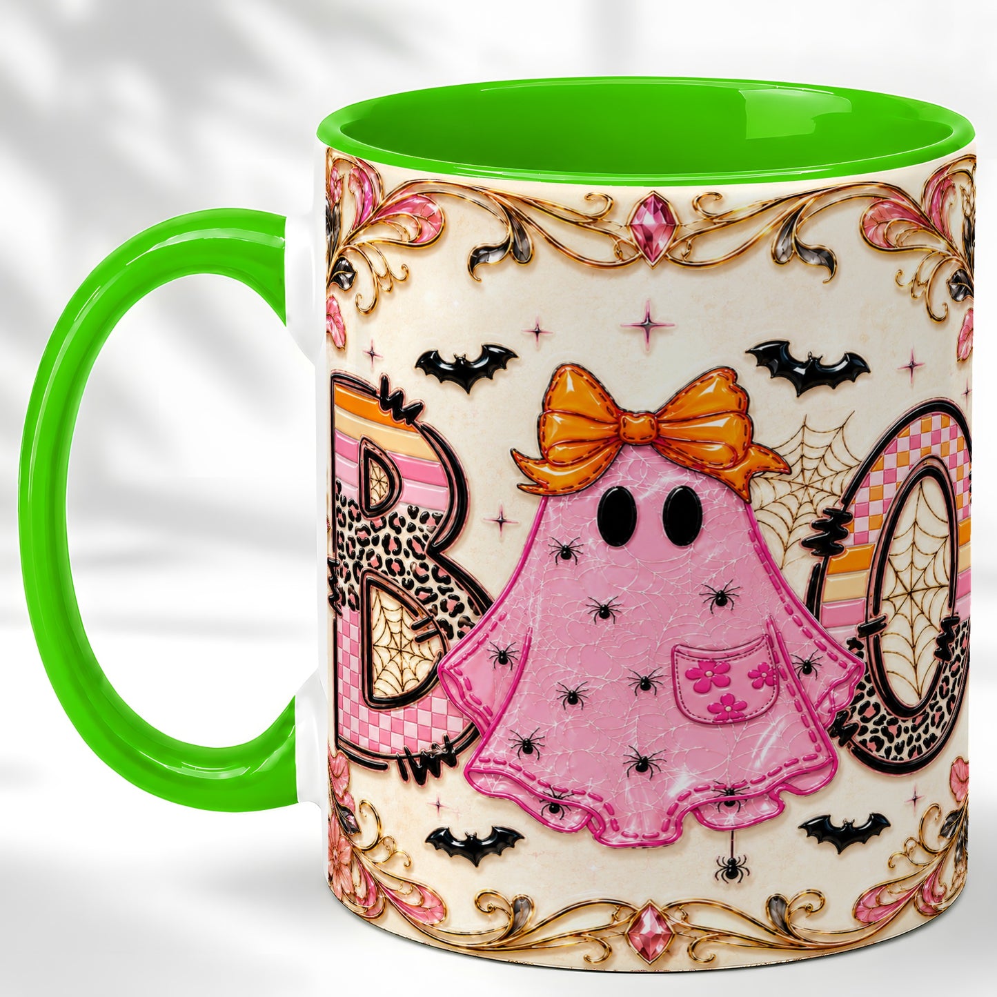 #pl[11oz|Green] Pink Ghost Halloween Coffee Mug, Bow Ghost Mug, Ceramic Cup