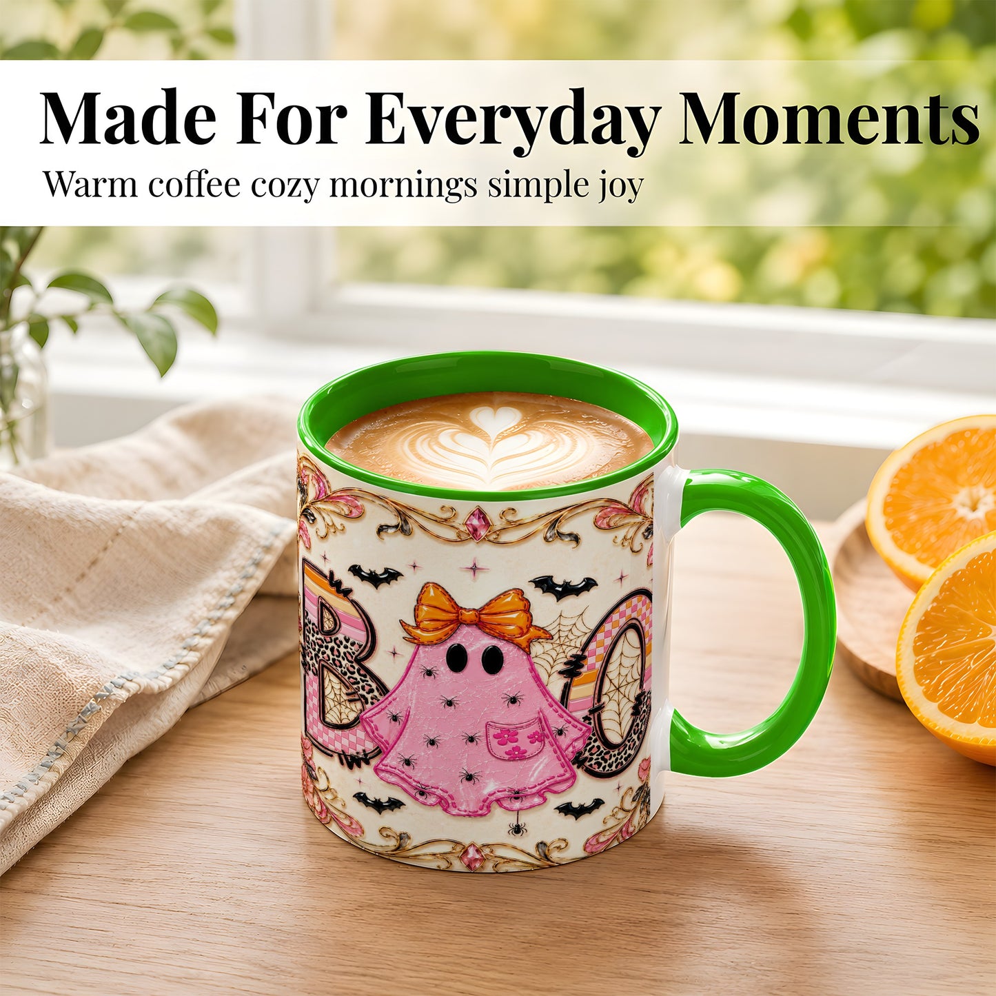 #pl[11oz|Green] Pink Ghost Halloween Coffee Mug, Bow Ghost Mug, Ceramic Cup