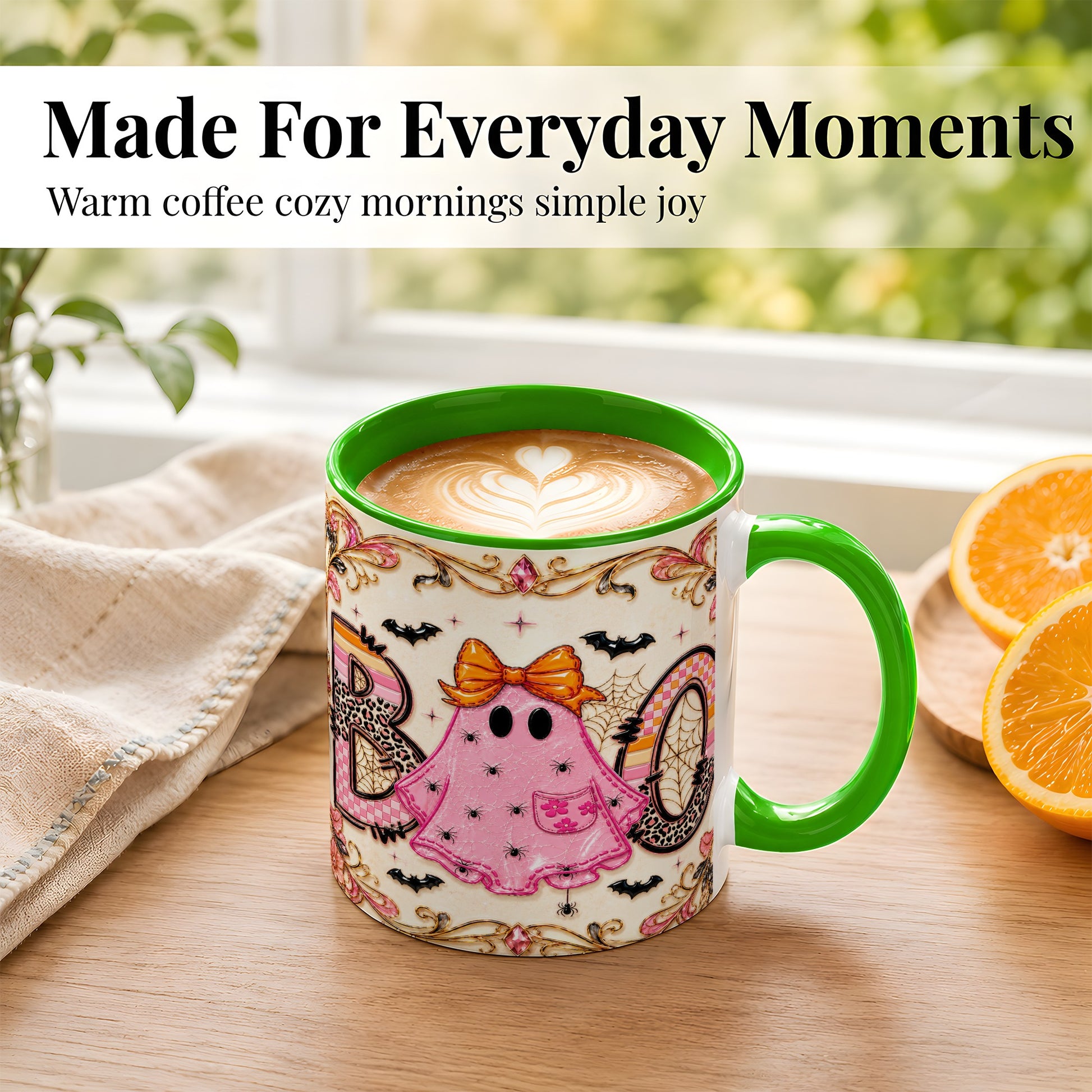 #pl[11oz|Green] Pink Ghost Halloween Coffee Mug, Bow Ghost Mug, Ceramic Cup