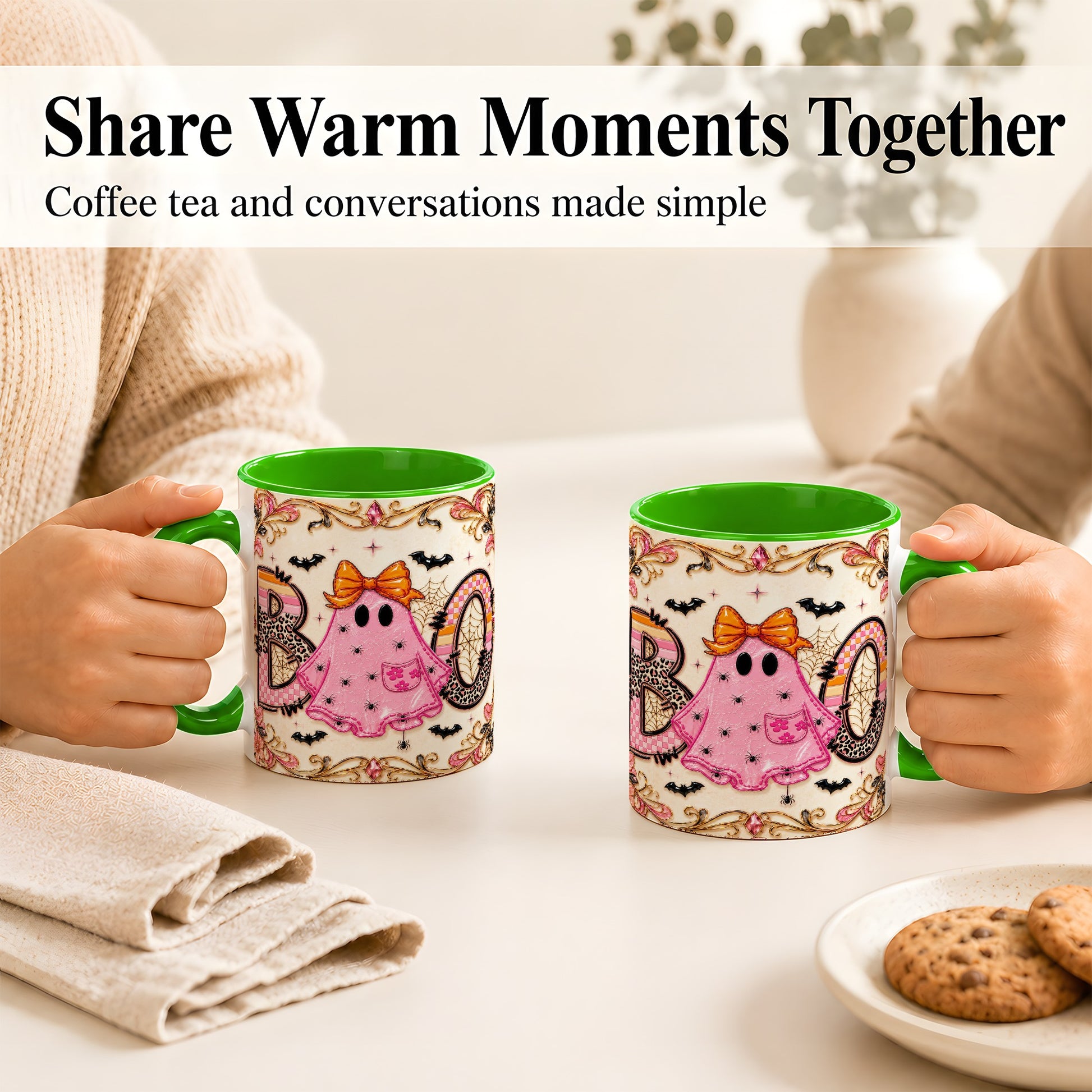 #pl[11oz|Green] Pink Ghost Halloween Coffee Mug, Bow Ghost Mug, Ceramic Cup