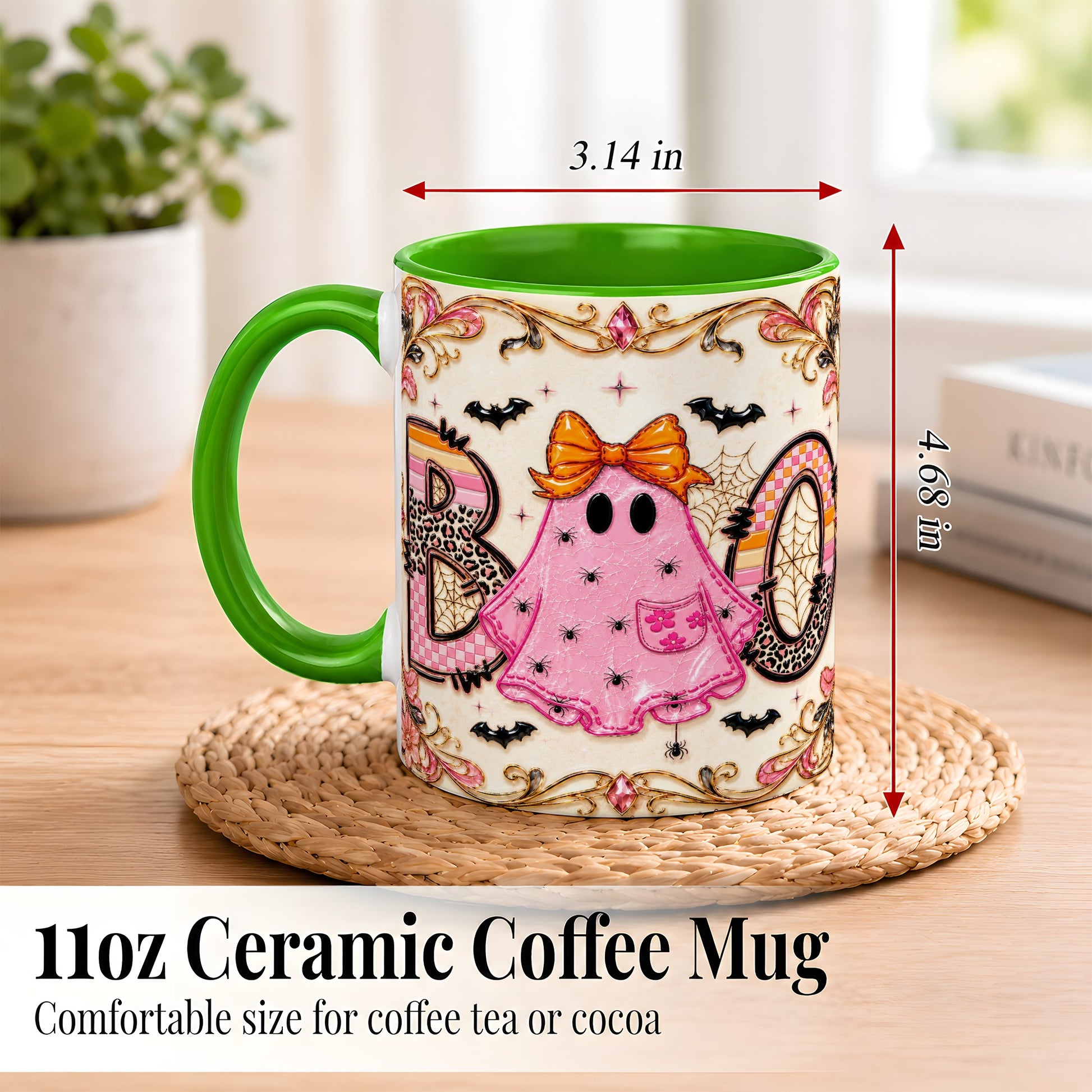 #pl[11oz|Green] Pink Ghost Halloween Coffee Mug, Bow Ghost Mug, Ceramic Cup