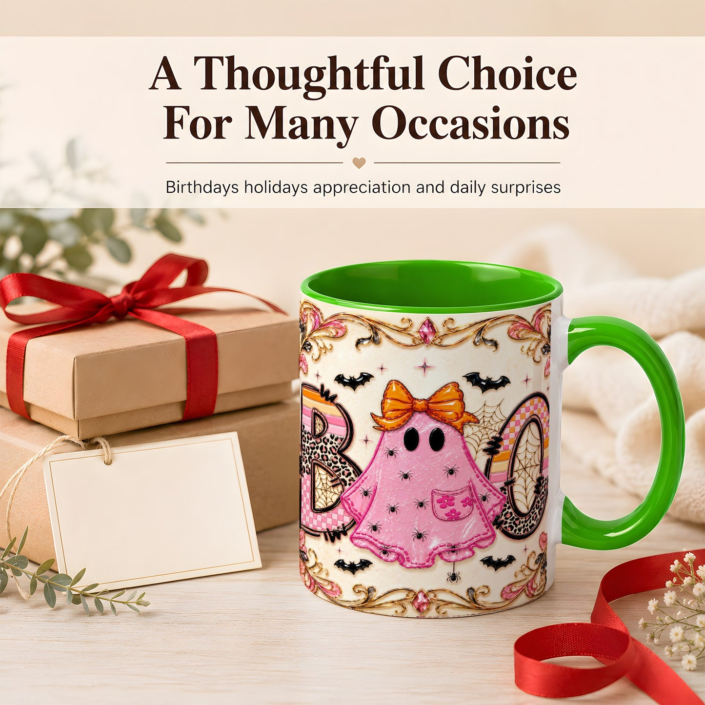 #pl[11oz|Green] Pink Ghost Halloween Coffee Mug, Bow Ghost Mug, Ceramic Cup