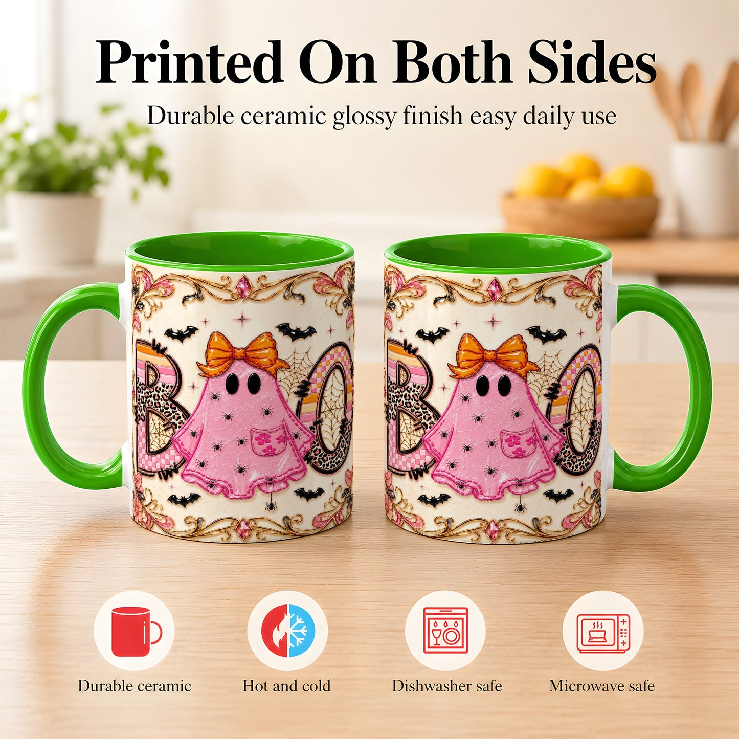 #pl[11oz|Green] Pink Ghost Halloween Coffee Mug, Bow Ghost Mug, Ceramic Cup