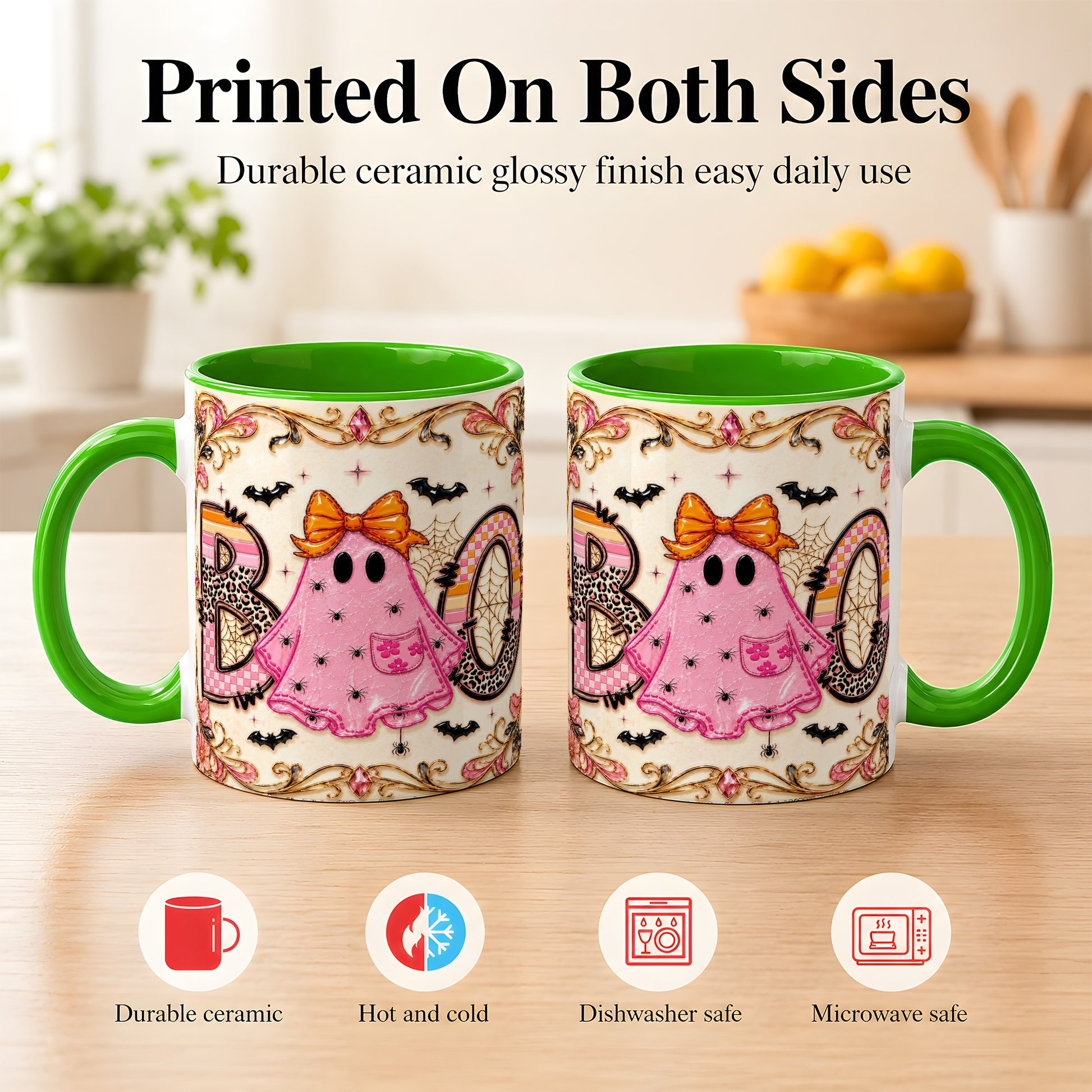 #pl[11oz|Green] Pink Ghost Halloween Coffee Mug, Bow Ghost Mug, Ceramic Cup