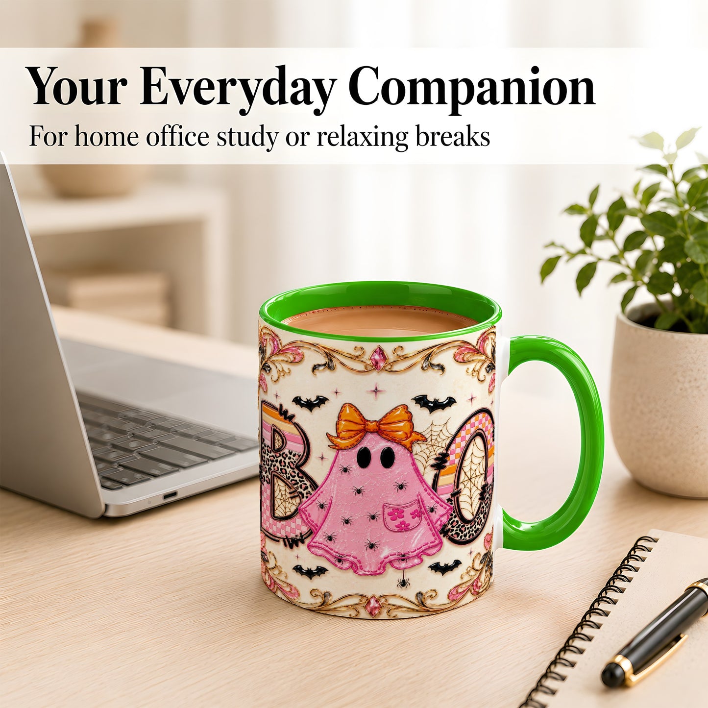 #pl[11oz|Green] Pink Ghost Halloween Coffee Mug, Bow Ghost Mug, Ceramic Cup