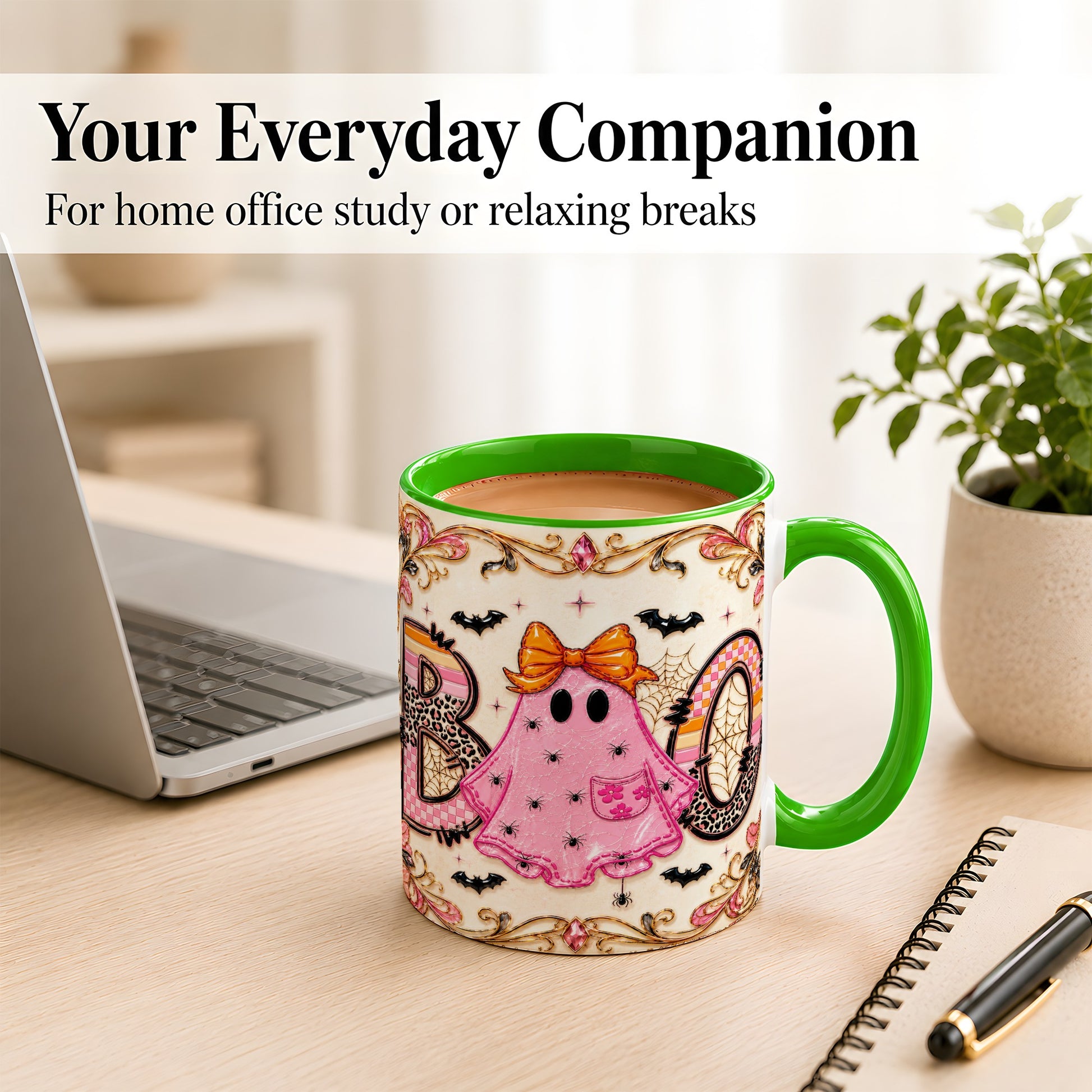 #pl[11oz|Green] Pink Ghost Halloween Coffee Mug, Bow Ghost Mug, Ceramic Cup