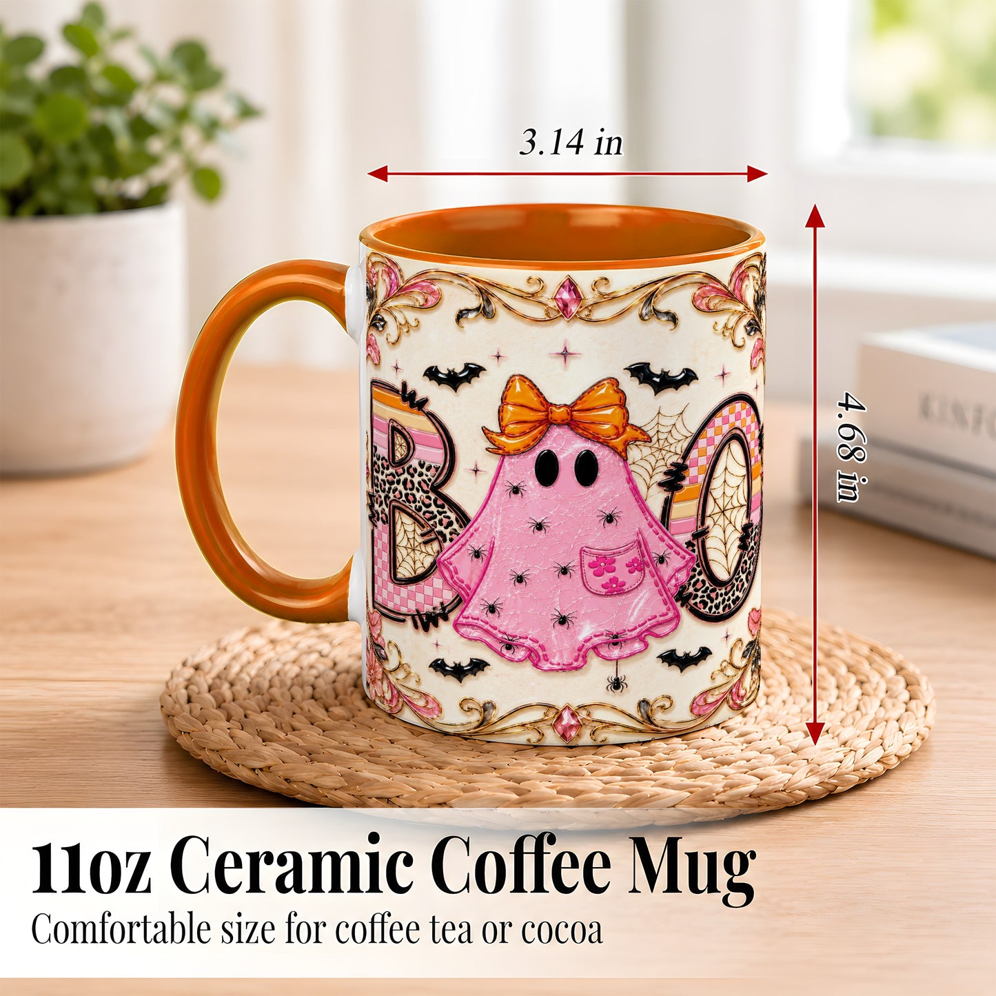 #pl[11oz|Orange] Pink Ghost Halloween Coffee Mug, Bow Ghost Mug, Ceramic Cup