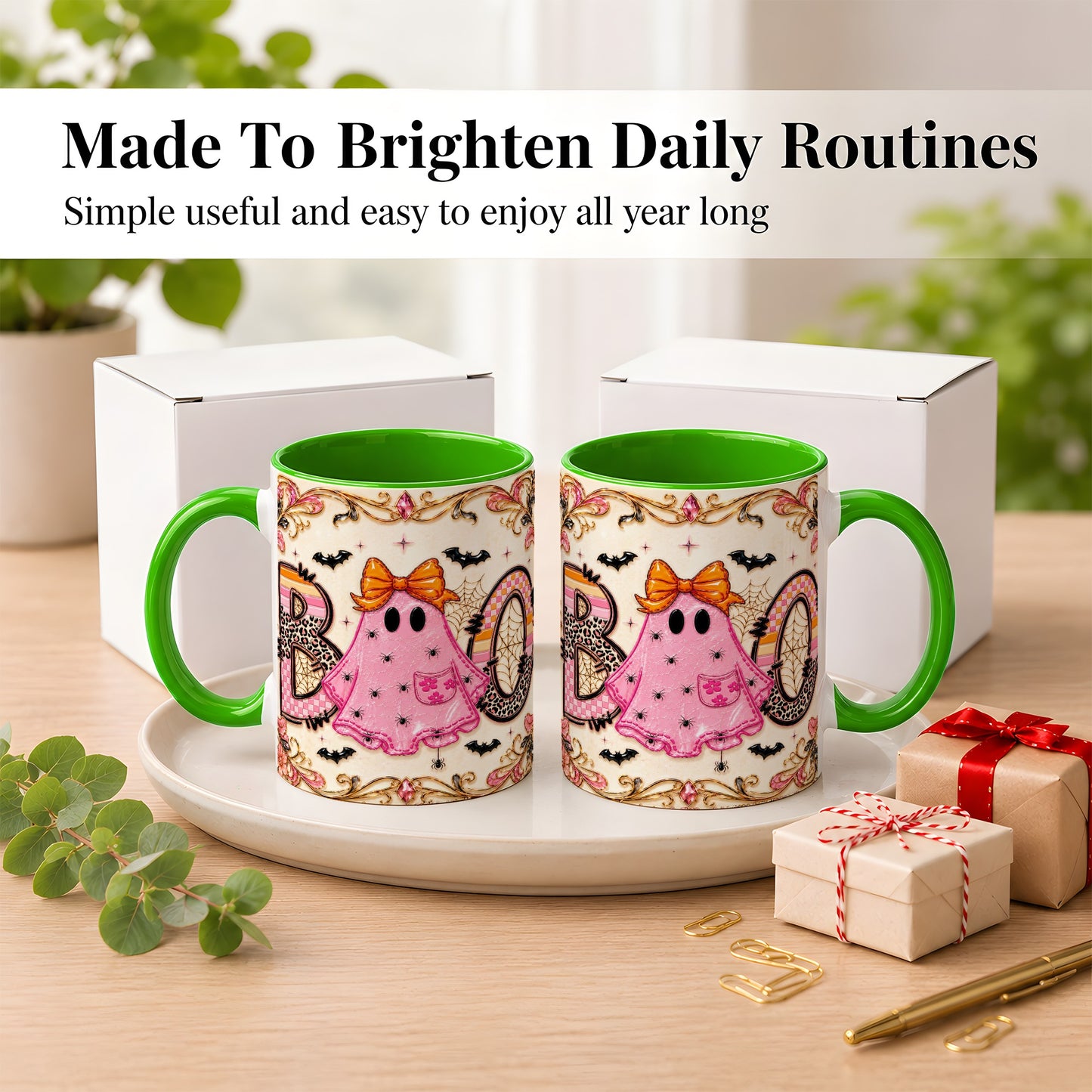 #pl[11oz|Green] Pink Ghost Halloween Coffee Mug, Bow Ghost Mug, Ceramic Cup