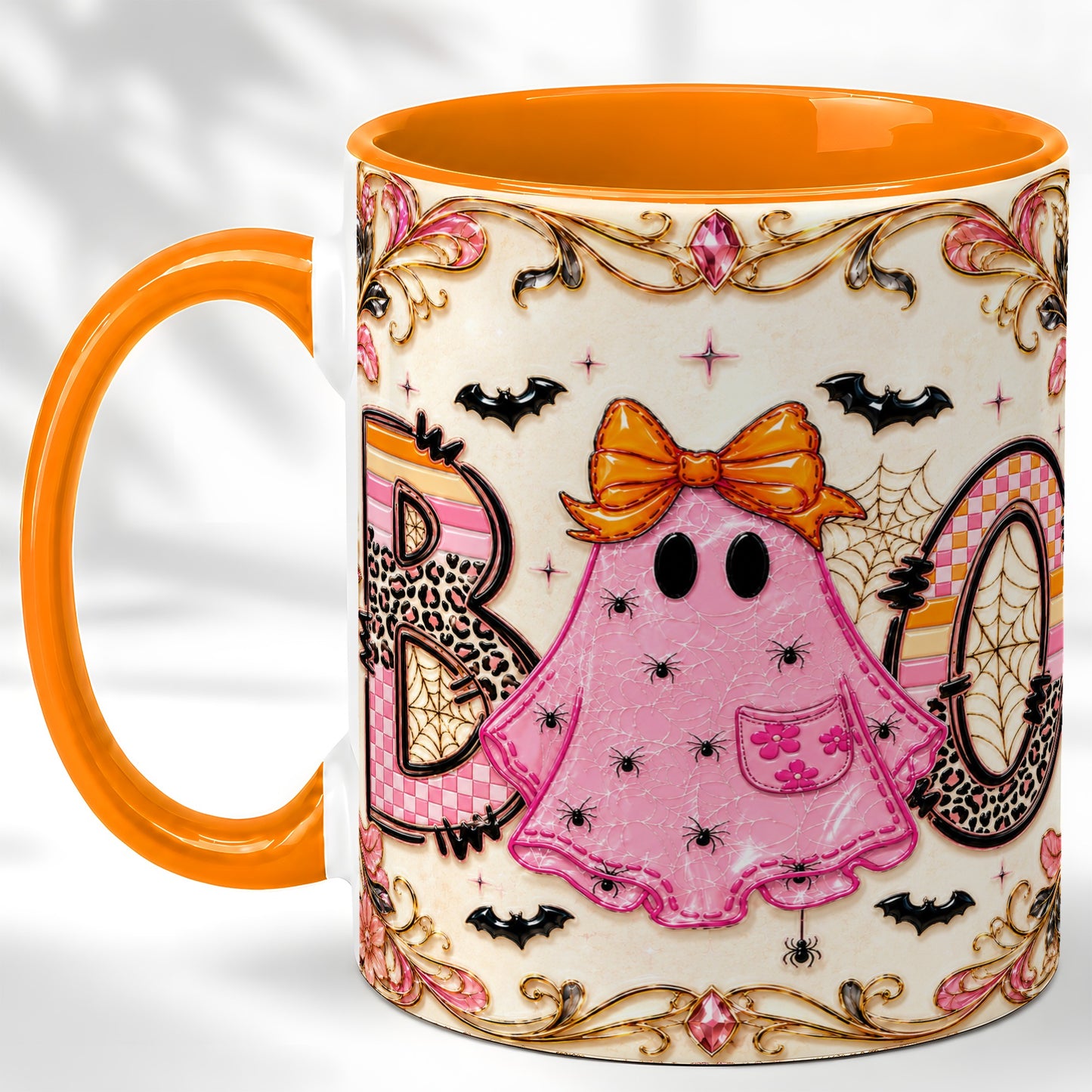 #pl[11oz|Orange] Pink Ghost Halloween Coffee Mug, Bow Ghost Mug, Ceramic Cup