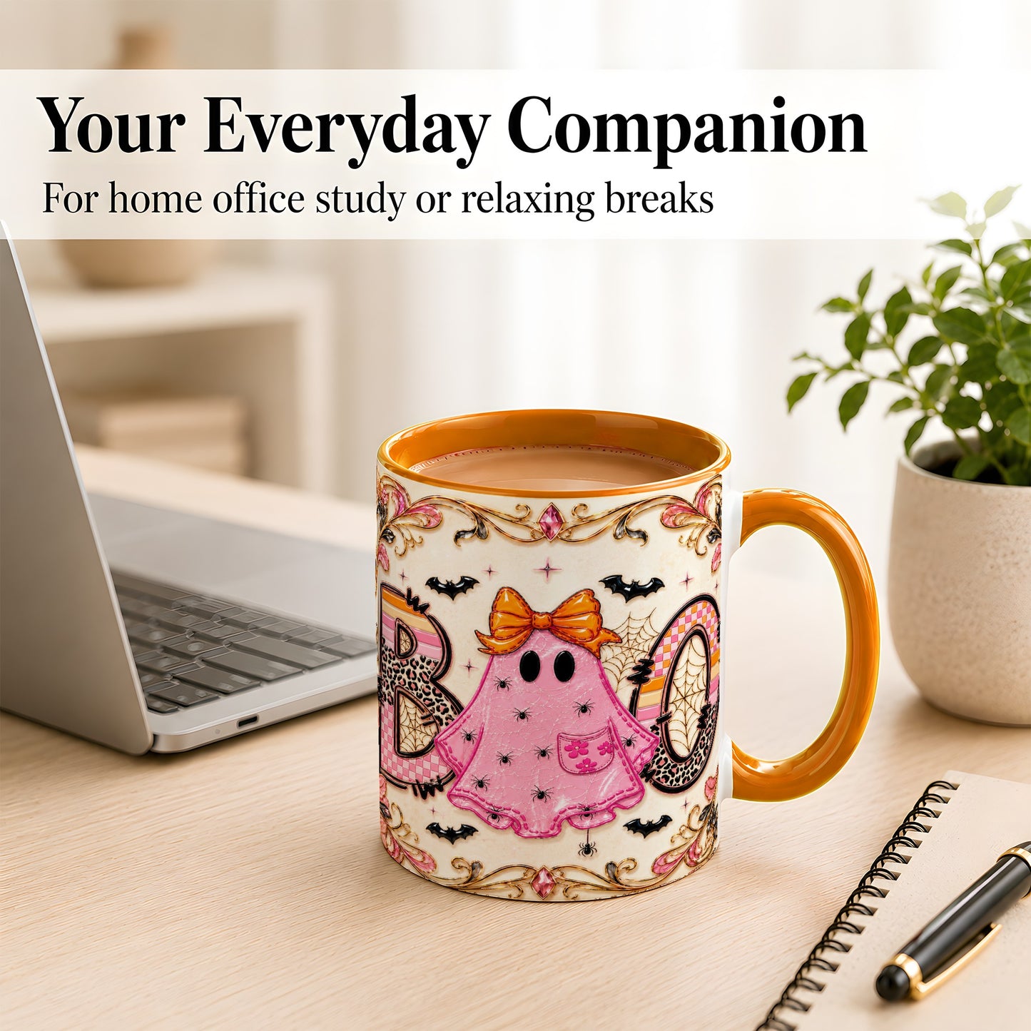 #pl[11oz|Orange] Pink Ghost Halloween Coffee Mug, Bow Ghost Mug, Ceramic Cup